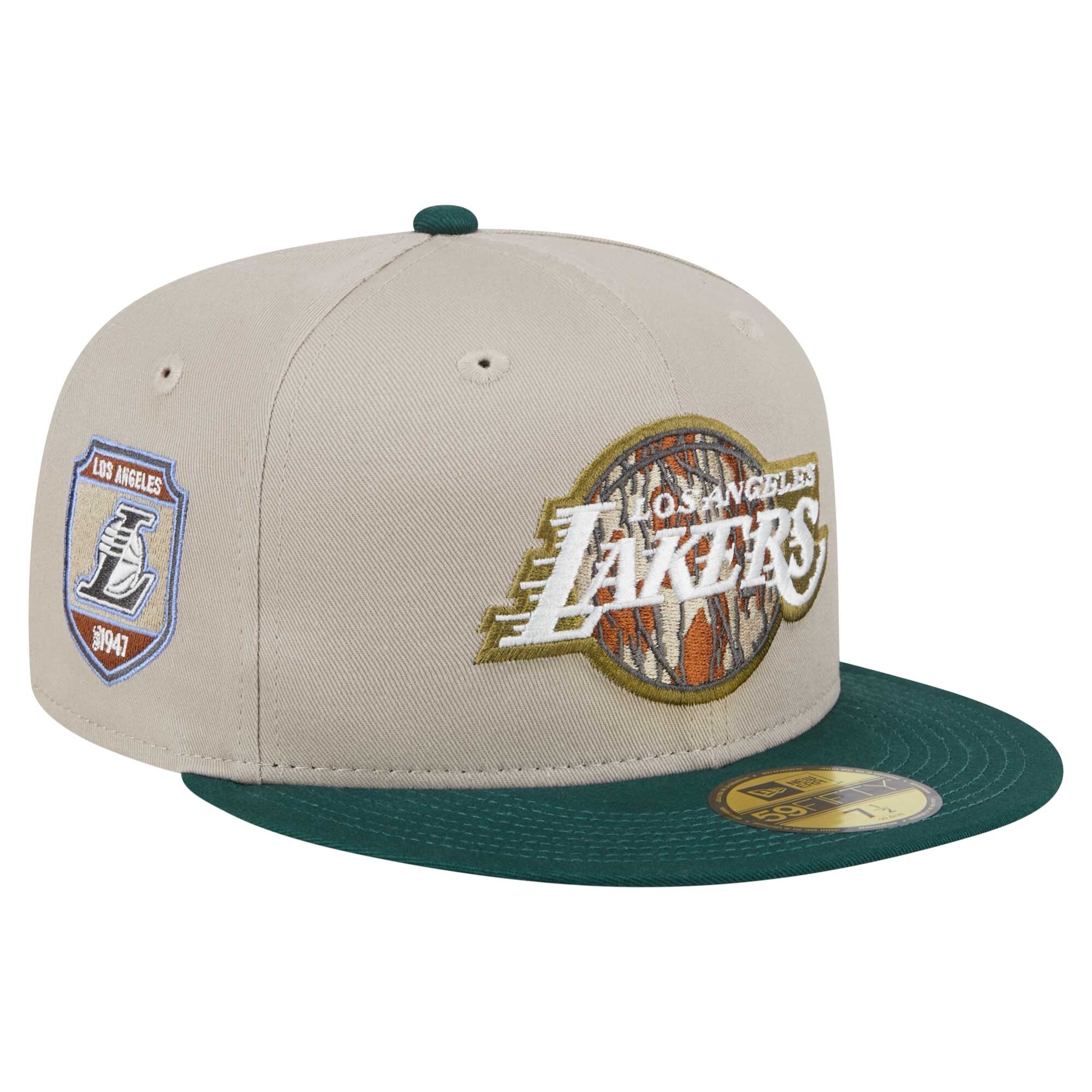 Official Los Angeles Lakers mens los angeles lakers new era naturalhunter green lifestyle tree bark 59fifty fitted hat | Lakers Shop