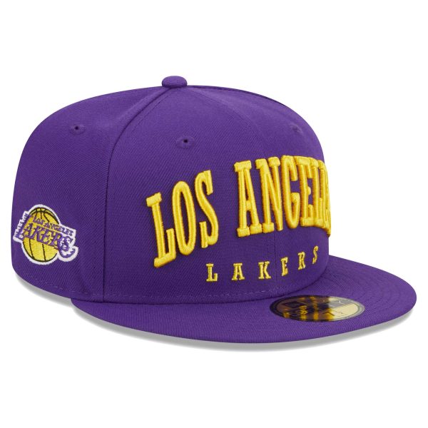 Official Los Angeles Lakers mens los angeles lakers new era purple big arch text 59fifty fitted hat | Lakers Shop