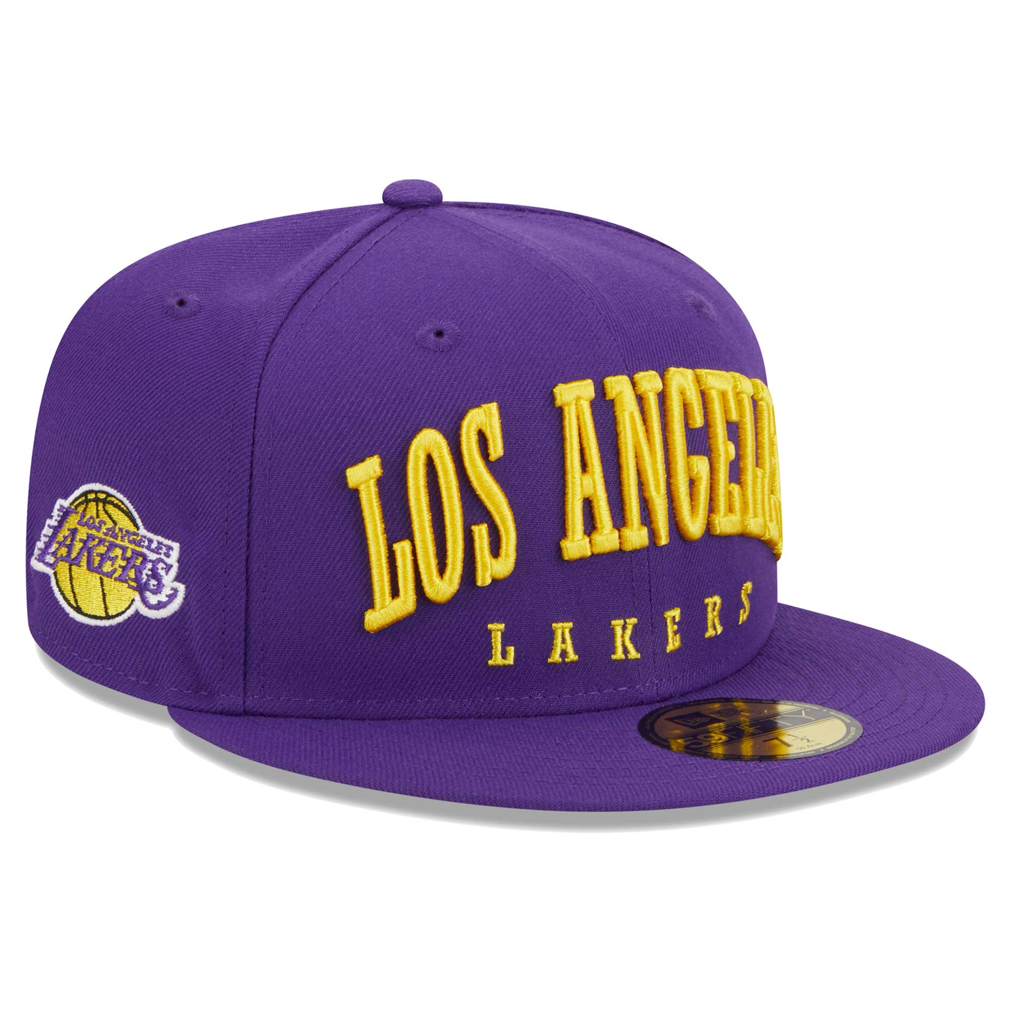 Official Los Angeles Lakers mens los angeles lakers new era purple big arch text 59fifty fitted hat | Lakers Shop