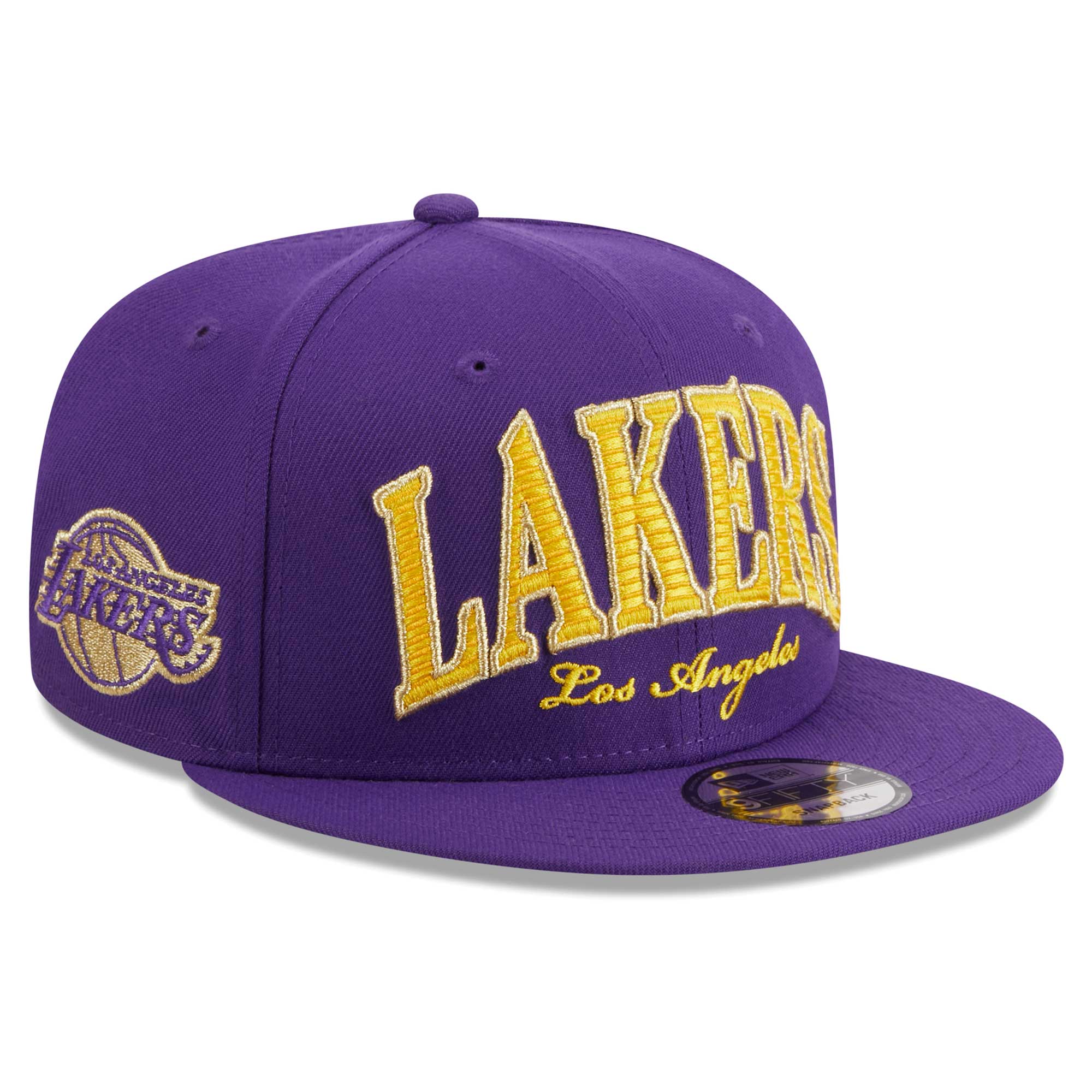 Official Los Angeles Lakers mens los angeles lakers new era purple golden tall text 9fifty snapback hat | Lakers Shop