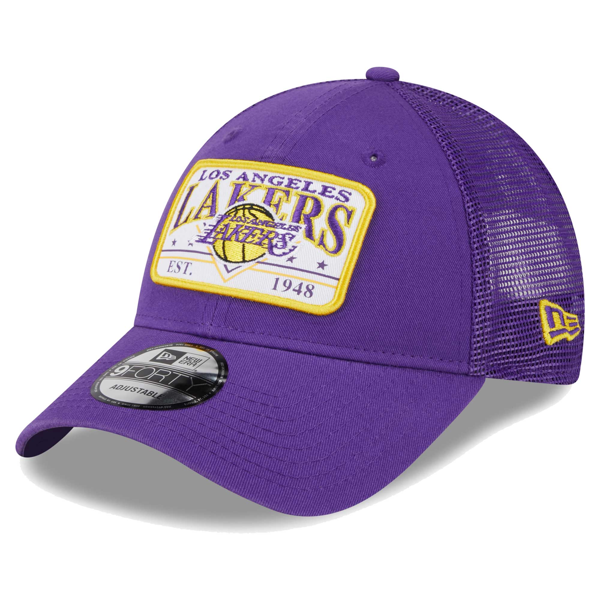 Official Los Angeles Lakers mens los angeles lakers new era purple plate oversized patch trucker 9forty adjustable hat | Lakers Shop