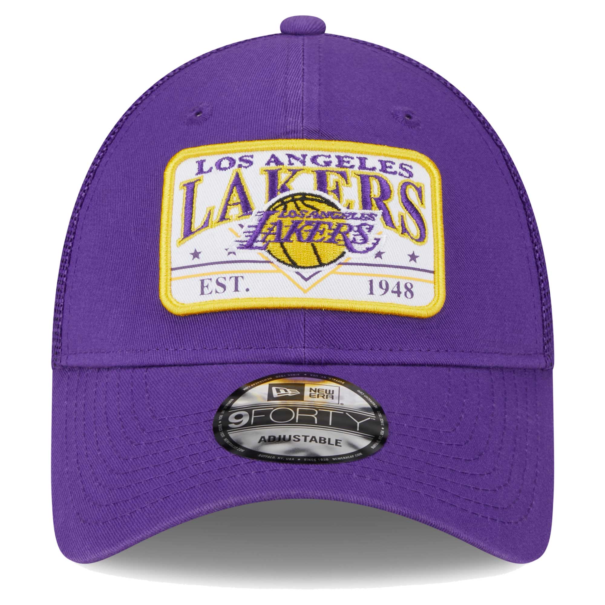 Official Los Angeles Lakers mens los angeles lakers new era purple plate oversized patch trucker 9forty adjustable hat | Lakers Shop