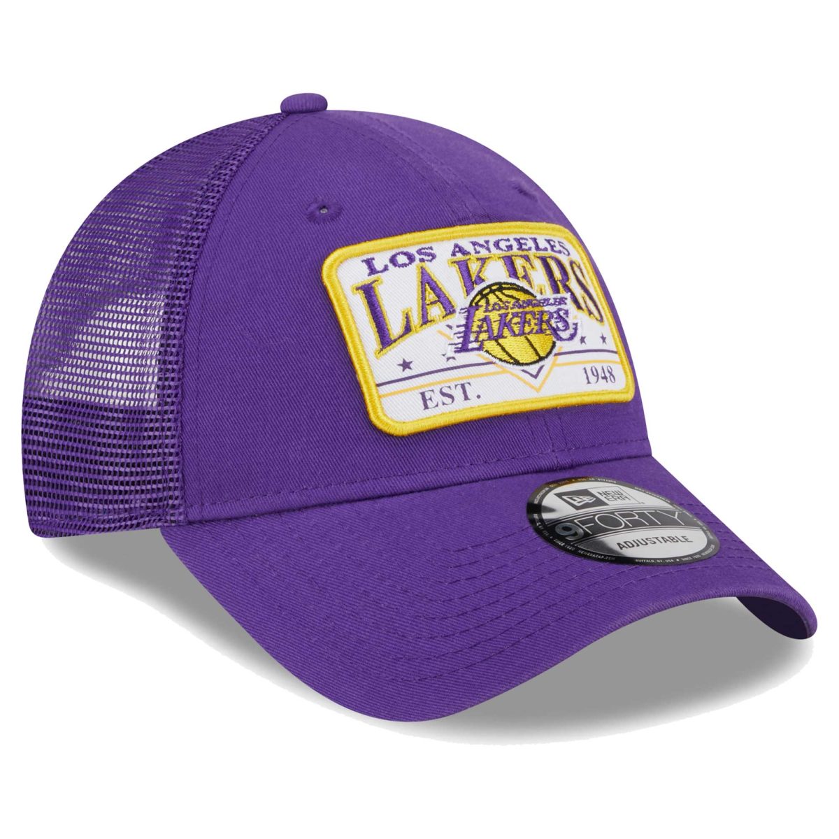 Official Los Angeles Lakers mens los angeles lakers new era purple plate oversized patch trucker 9forty adjustable hat | Lakers Shop