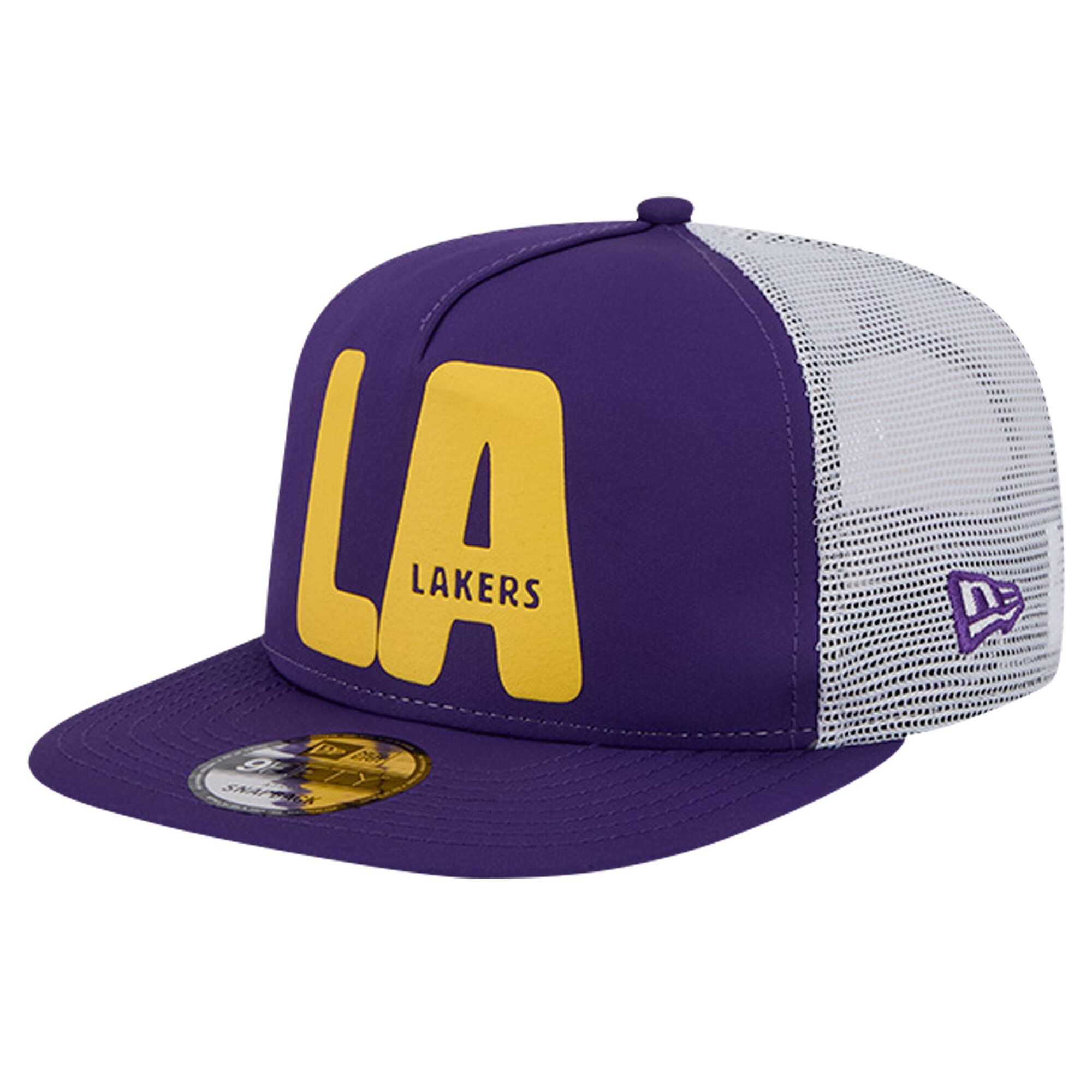 Official Los Angeles Lakers mens los angeles lakers new era purple puff print team code a-frame 9fifty trucker snapback hat | Lakers Shop