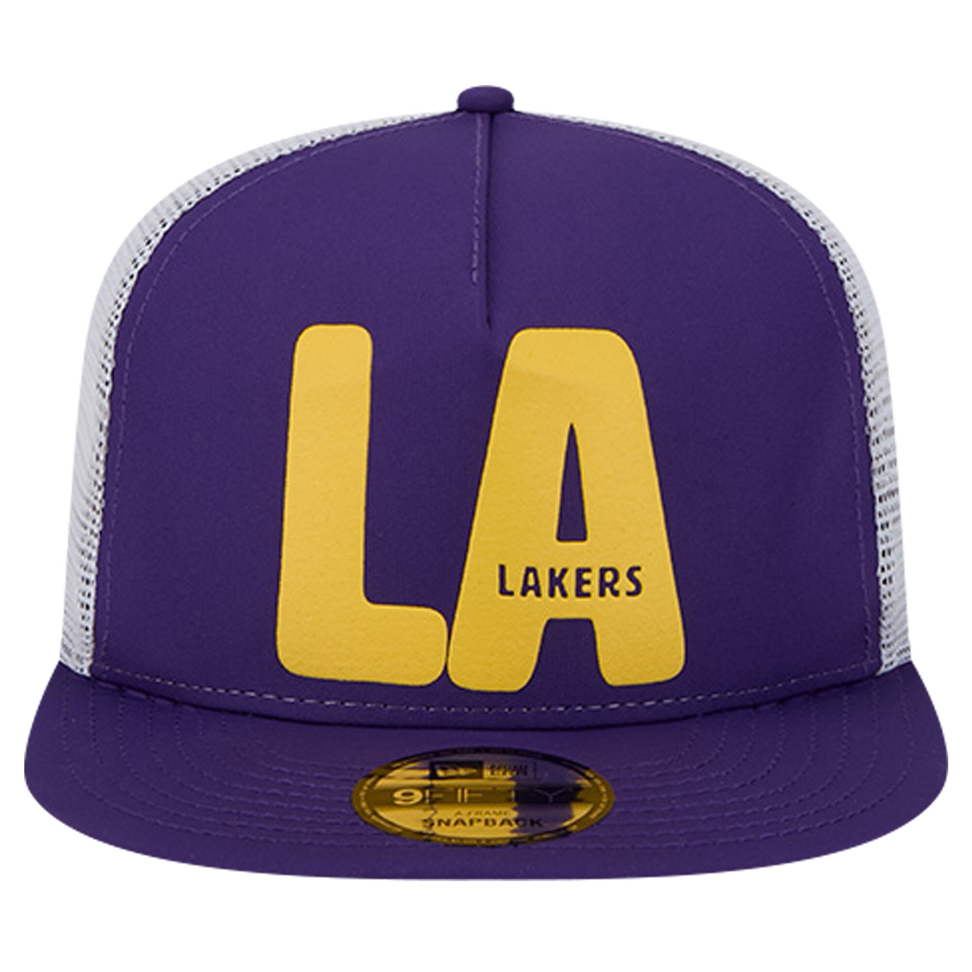 Official Los Angeles Lakers mens los angeles lakers new era purple puff print team code a-frame 9fifty trucker snapback hat | Lakers Shop