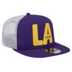 Official Los Angeles Lakers mens los angeles lakers new era purple puff print team code a-frame 9fifty trucker snapback hat | Lakers Shop
