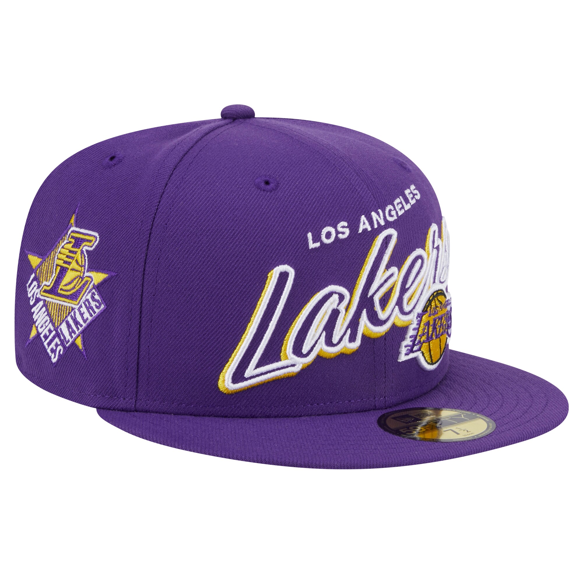 Official Los Angeles Lakers mens los angeles lakers new era purple sport night script sided 59fifty fitted hat | Lakers Shop