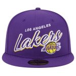 Official Los Angeles Lakers mens los angeles lakers new era purple sport night script sided 59fifty fitted hat | Lakers Shop