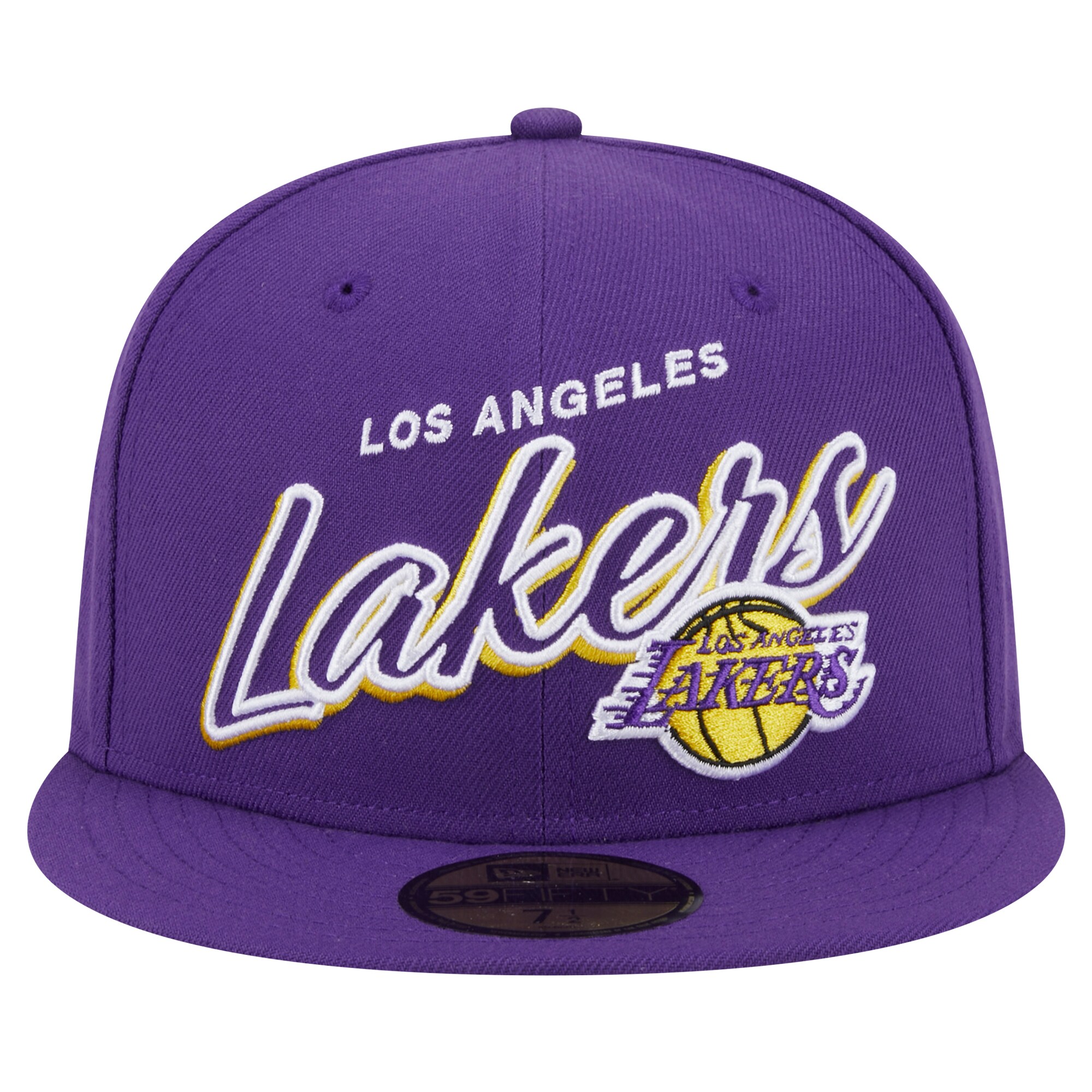 Official Los Angeles Lakers mens los angeles lakers new era purple sport night script sided 59fifty fitted hat | Lakers Shop