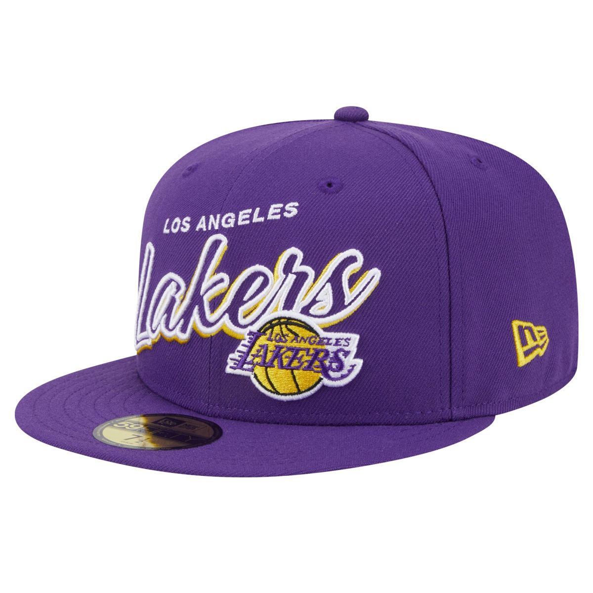 Official Los Angeles Lakers mens los angeles lakers new era purple sport night script sided 59fifty fitted hat | Lakers Shop