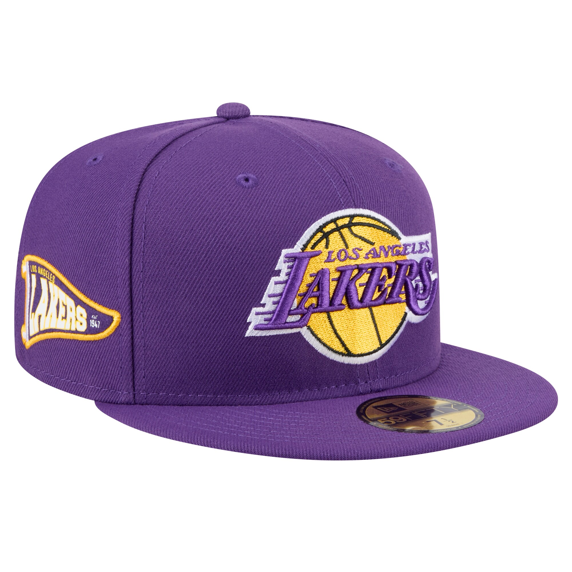 Official Los Angeles Lakers mens los angeles lakers new era purple throwback pennant 59fifty fitted hat | Lakers Shop