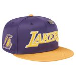 Official Los Angeles Lakers mens los angeles lakers new era purplegold throwback satin vintage pin two-tone 59fifty fitted hat | Lakers Shop