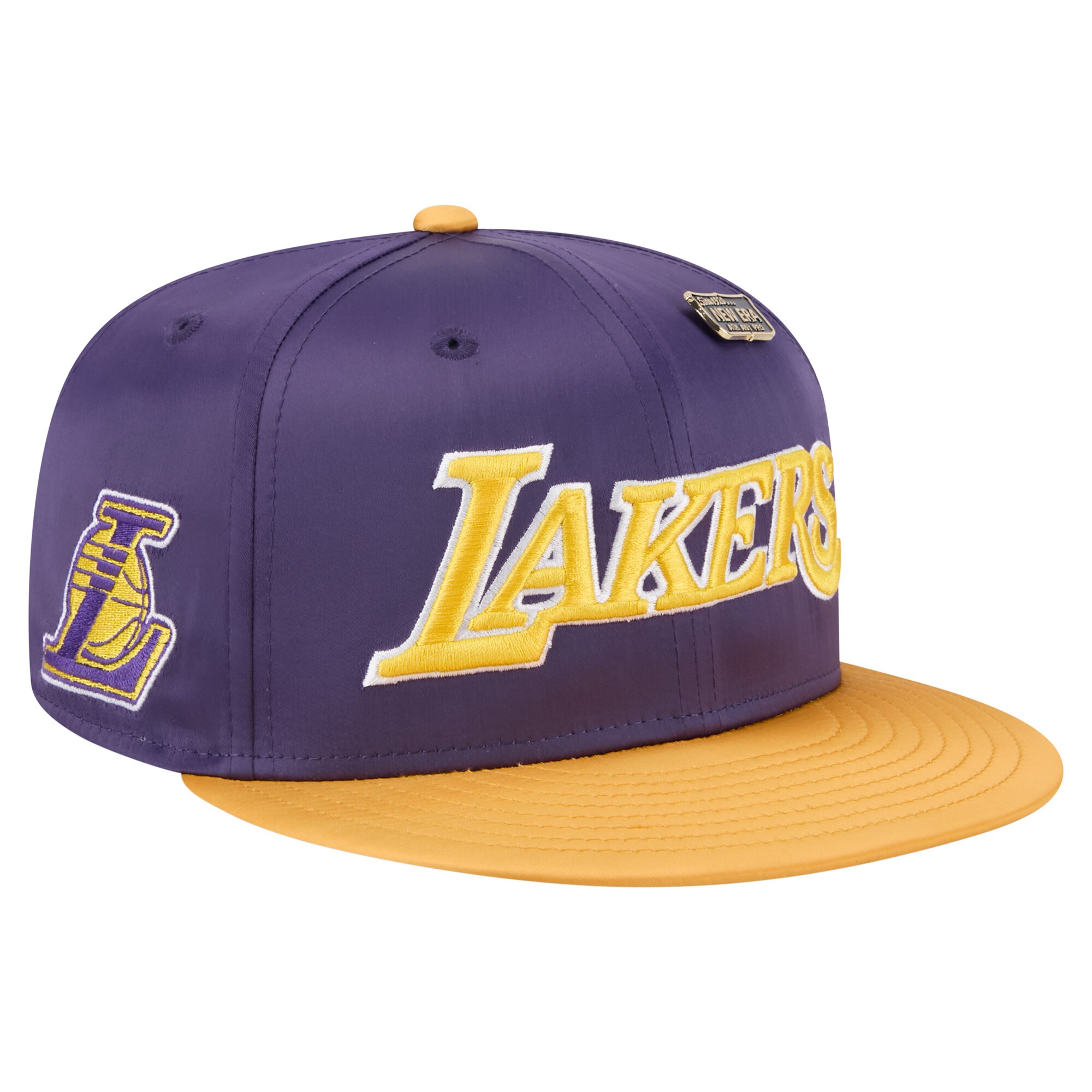 Official Los Angeles Lakers mens los angeles lakers new era purplegold throwback satin vintage pin two-tone 59fifty fitted hat | Lakers Shop
