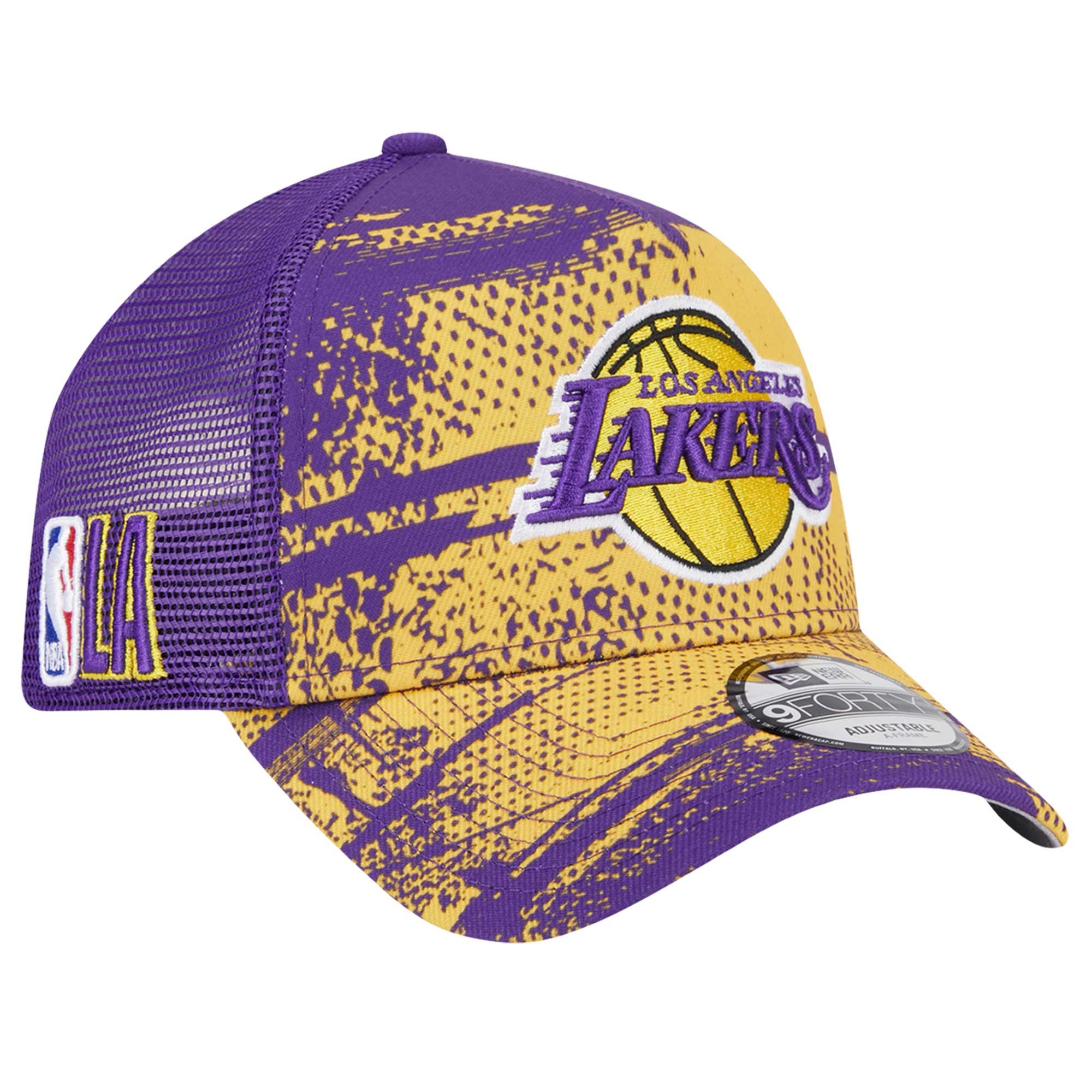 Official Los Angeles Lakers mens los angeles lakers new era purplegold tip off a-frame trucker 9forty adjustable hat | Lakers Shop