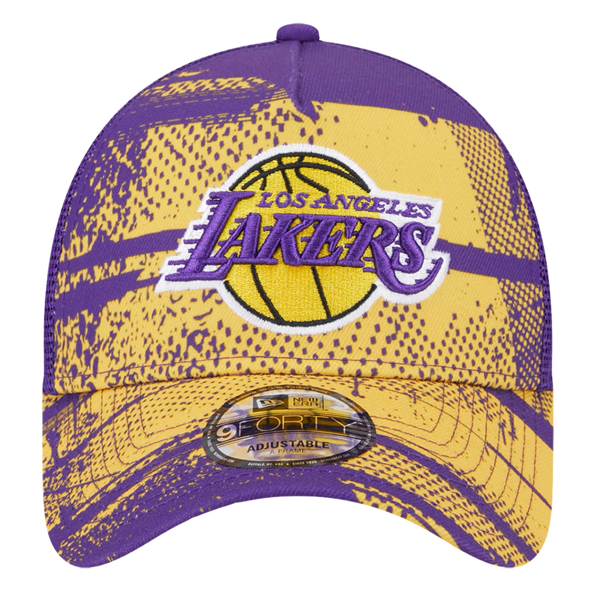 Official Los Angeles Lakers mens los angeles lakers new era purplegold tip off a-frame trucker 9forty adjustable hat | Lakers Shop