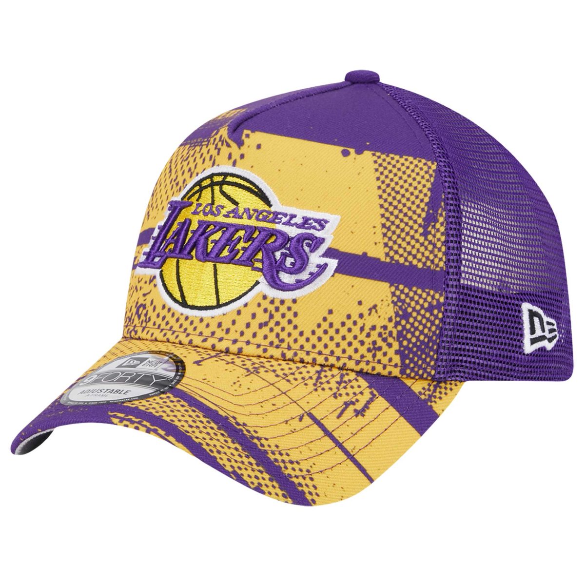 Official Los Angeles Lakers mens los angeles lakers new era purplegold tip off a-frame trucker 9forty adjustable hat | Lakers Shop