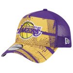 Official Los Angeles Lakers mens los angeles lakers new era purplegold tip off a-frame trucker 9forty adjustable hat | Lakers Shop