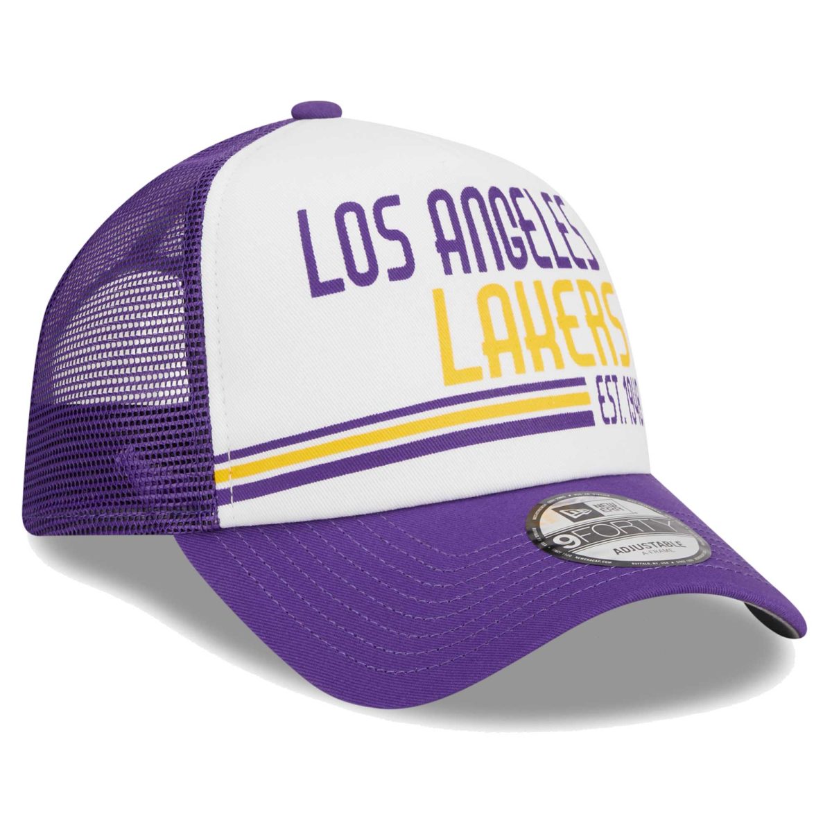 Official Los Angeles Lakers mens los angeles lakers new era white lift pass foam front trucker 9forty adjustable hat | Lakers Shop