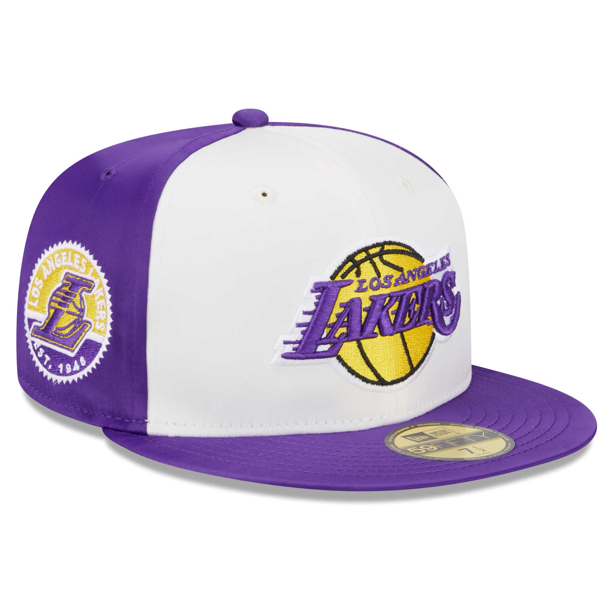 Official Los Angeles Lakers mens los angeles lakers new era white throwback satin 59fifty fitted hat | Lakers Shop