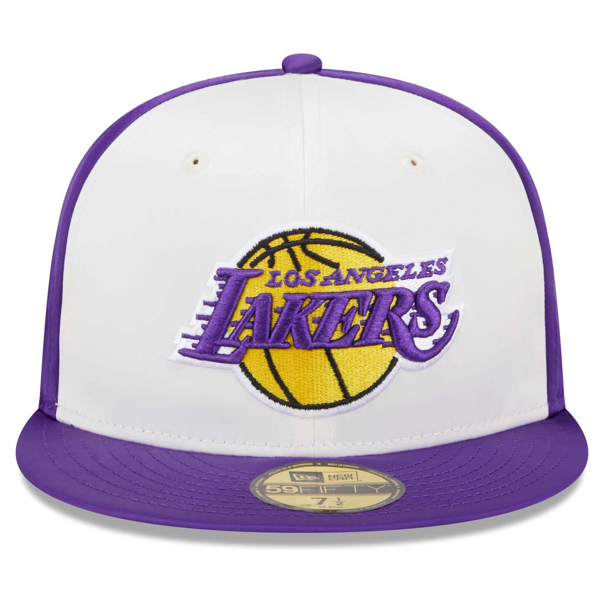 Official Los Angeles Lakers mens los angeles lakers new era white throwback satin 59fifty fitted hat | Lakers Shop
