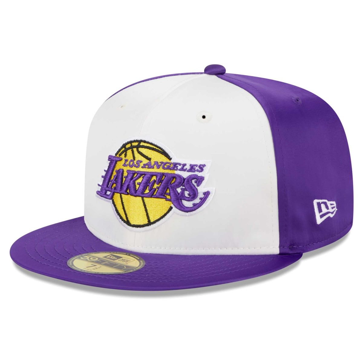 Official Los Angeles Lakers mens los angeles lakers new era white throwback satin 59fifty fitted hat | Lakers Shop