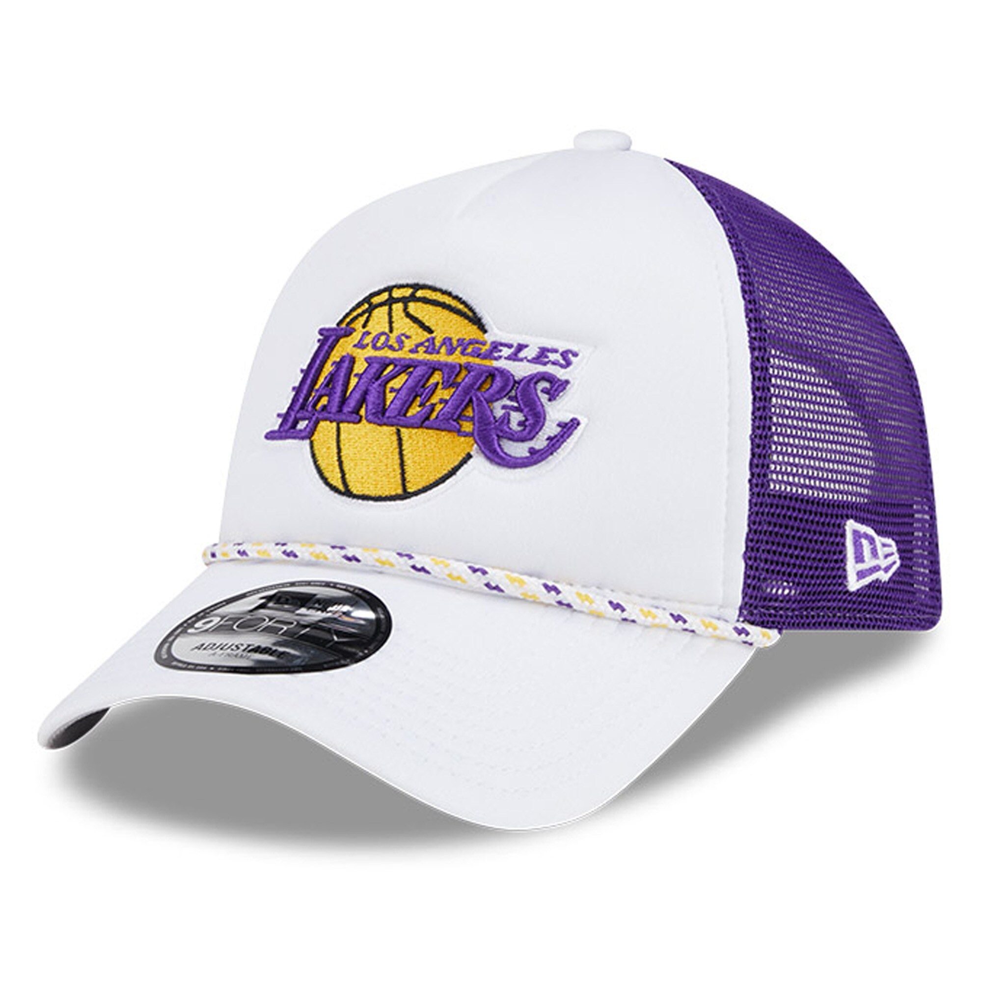 Official Los Angeles Lakers mens los angeles lakers new era whitepurple court sport foam a-frame 9forty adjustable trucker hat | Lakers Shop