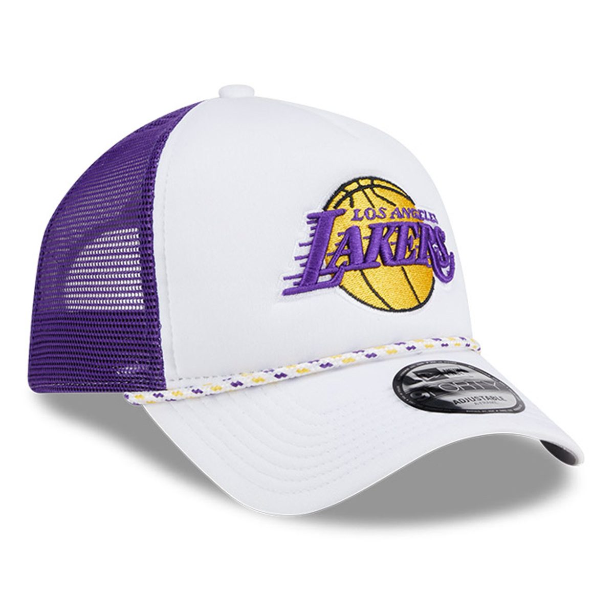 Official Los Angeles Lakers mens los angeles lakers new era whitepurple court sport foam a-frame 9forty adjustable trucker hat | Lakers Shop