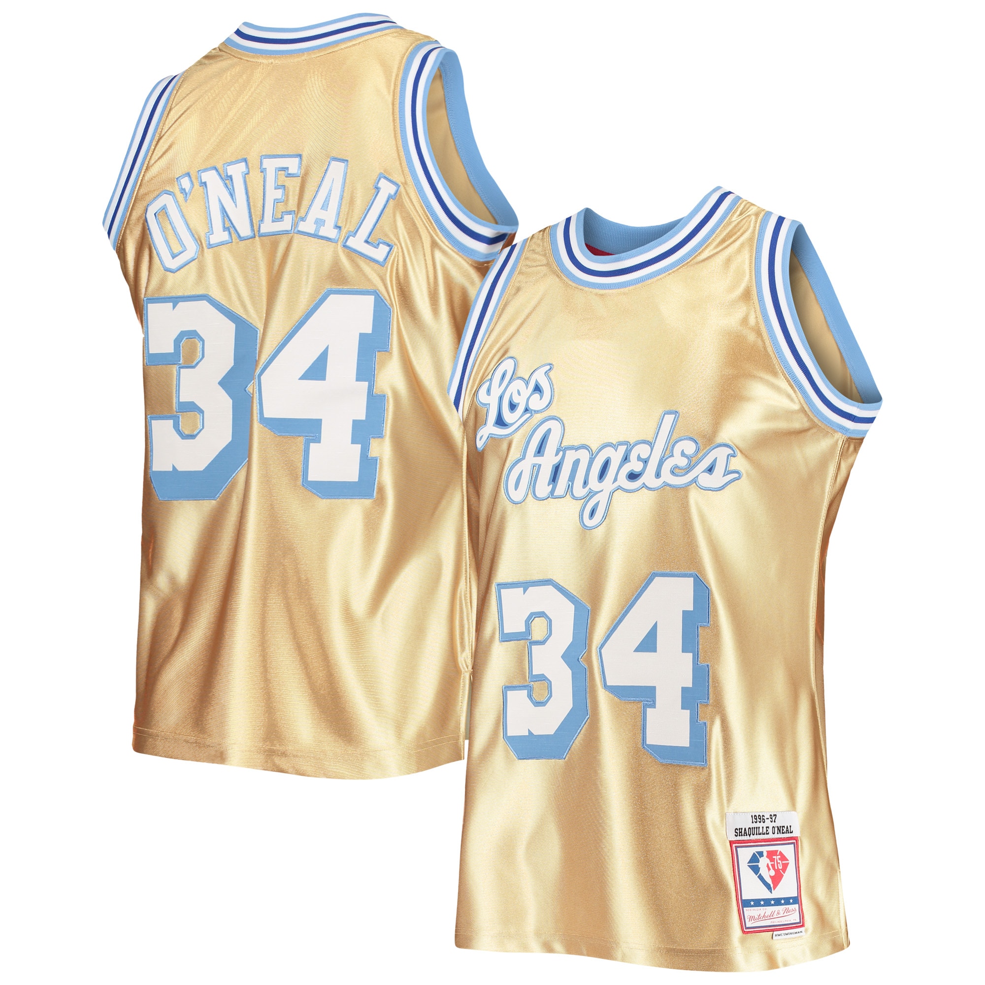 Official Los Angeles Lakers mens los angeles lakers shaquille oneal gold mitchell  ness 75th anniversary 199697 hardwood classics swingman jersey | Lakers Shop