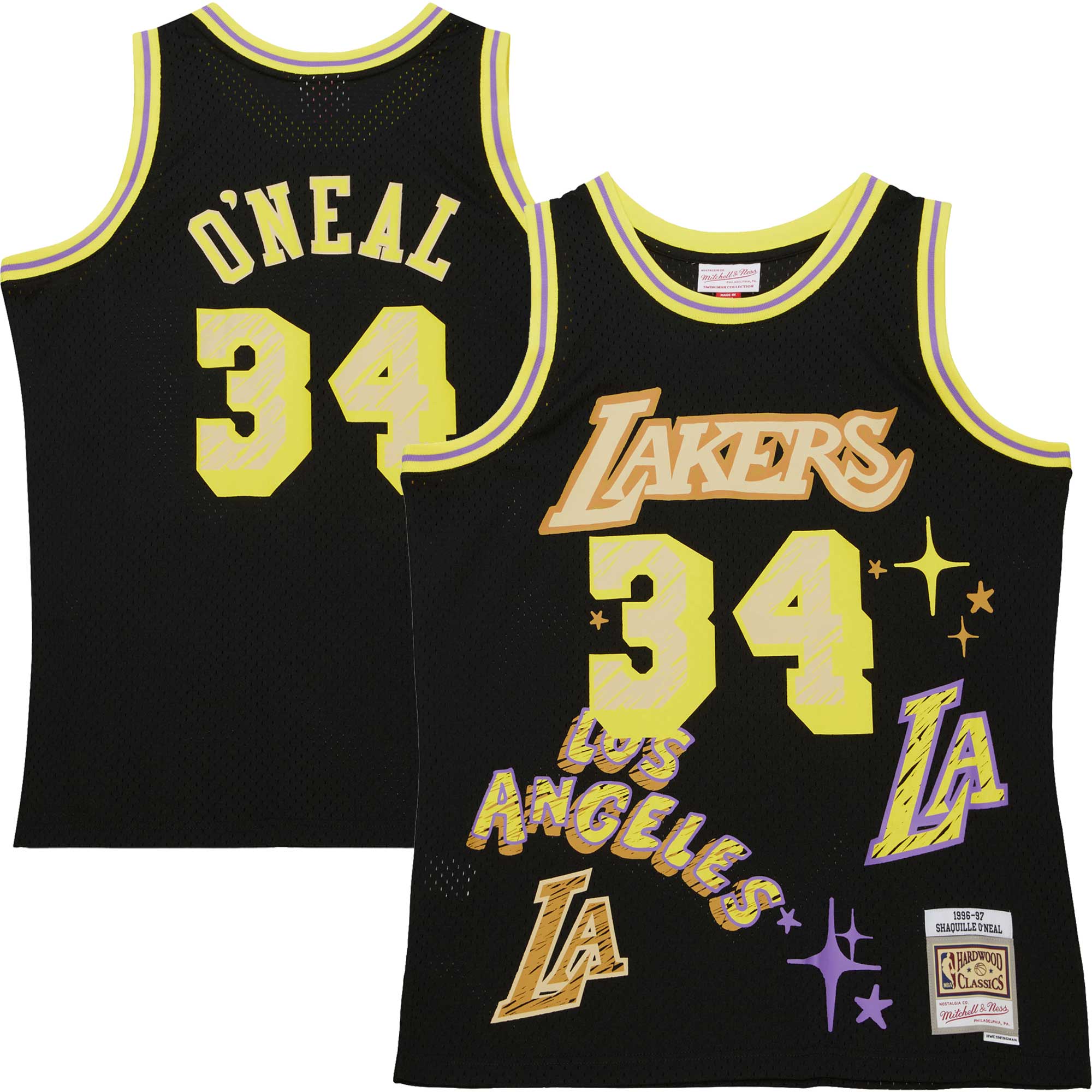 Official Los Angeles Lakers mens los angeles lakers shaquille oneal mitchell  ness black 199697 swingman sidewalk sketch jersey | Lakers Shop