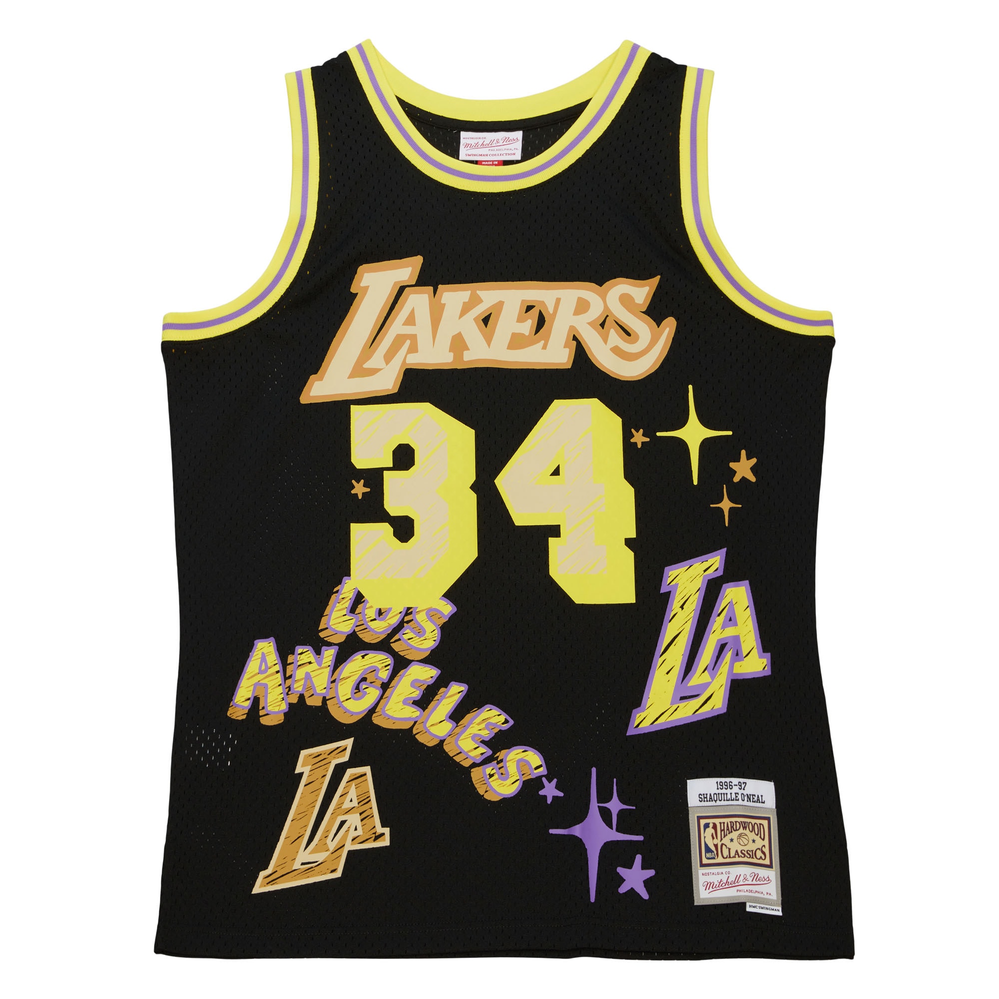 Official Los Angeles Lakers mens los angeles lakers shaquille oneal mitchell  ness black 199697 swingman sidewalk sketch jersey | Lakers Shop