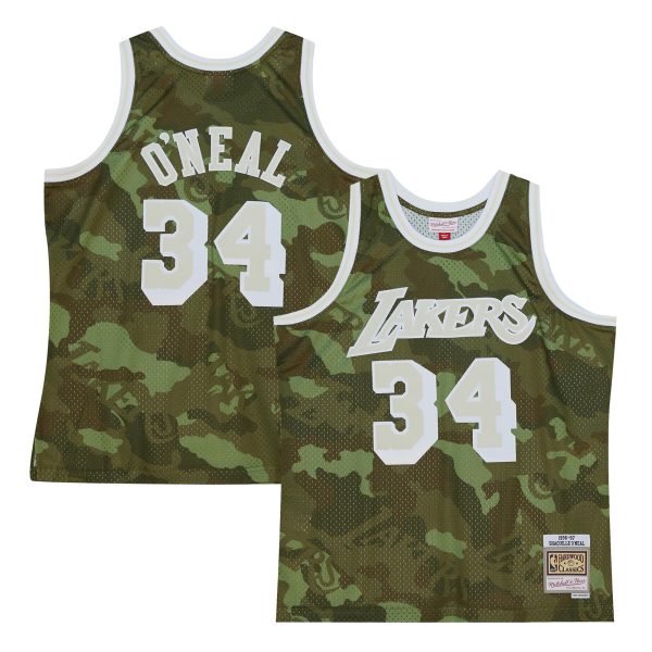 Official Los Angeles Lakers mens los angeles lakers shaquille oneal mitchell  ness camo hardwood classics 199697 ghost green swingman jersey | Lakers Shop