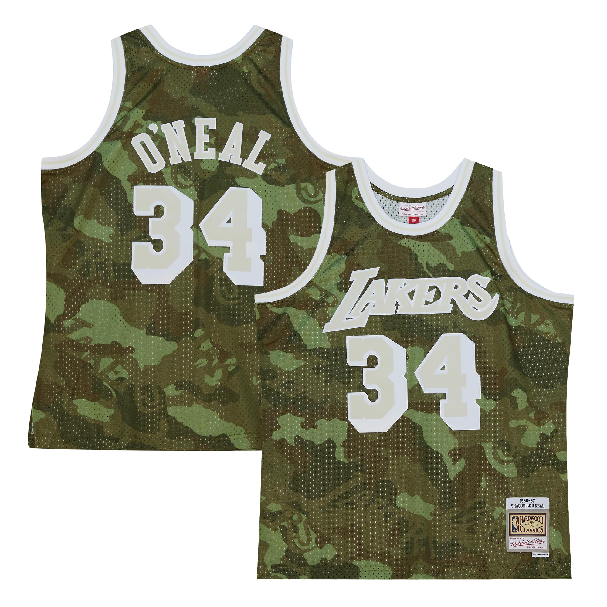 Official Los Angeles Lakers mens los angeles lakers shaquille oneal mitchell  ness camo hardwood classics 199697 ghost green swingman jersey | Lakers Shop