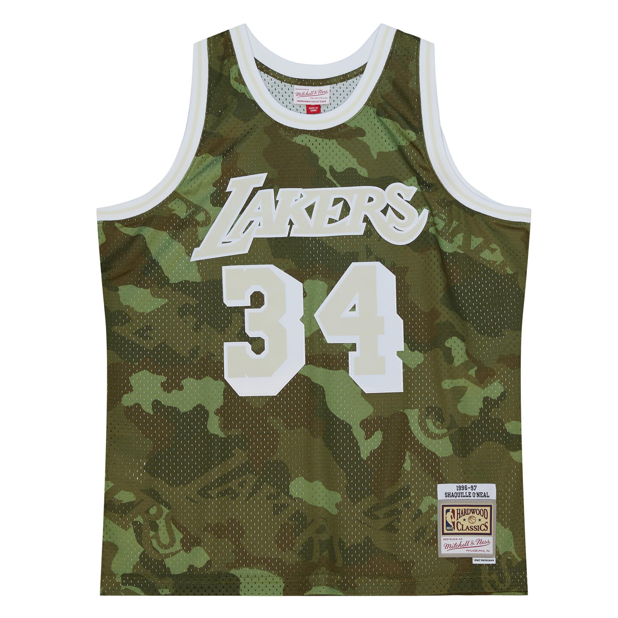 Official Los Angeles Lakers mens los angeles lakers shaquille oneal mitchell  ness camo hardwood classics 199697 ghost green swingman jersey | Lakers Shop