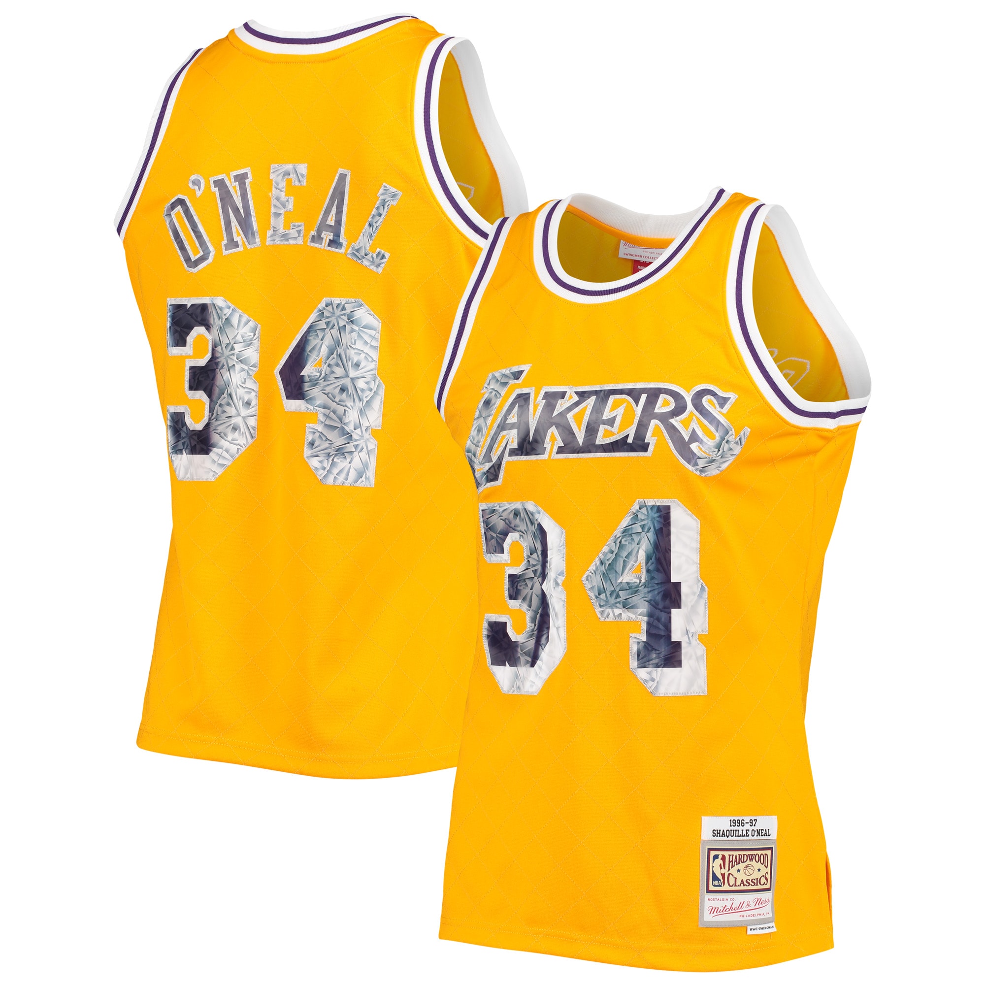 Official Los Angeles Lakers mens los angeles lakers shaquille oneal mitchell  ness gold 1996-97 hardwood classics nba 75th anniversary diamond swingman jersey | Lakers Shop
