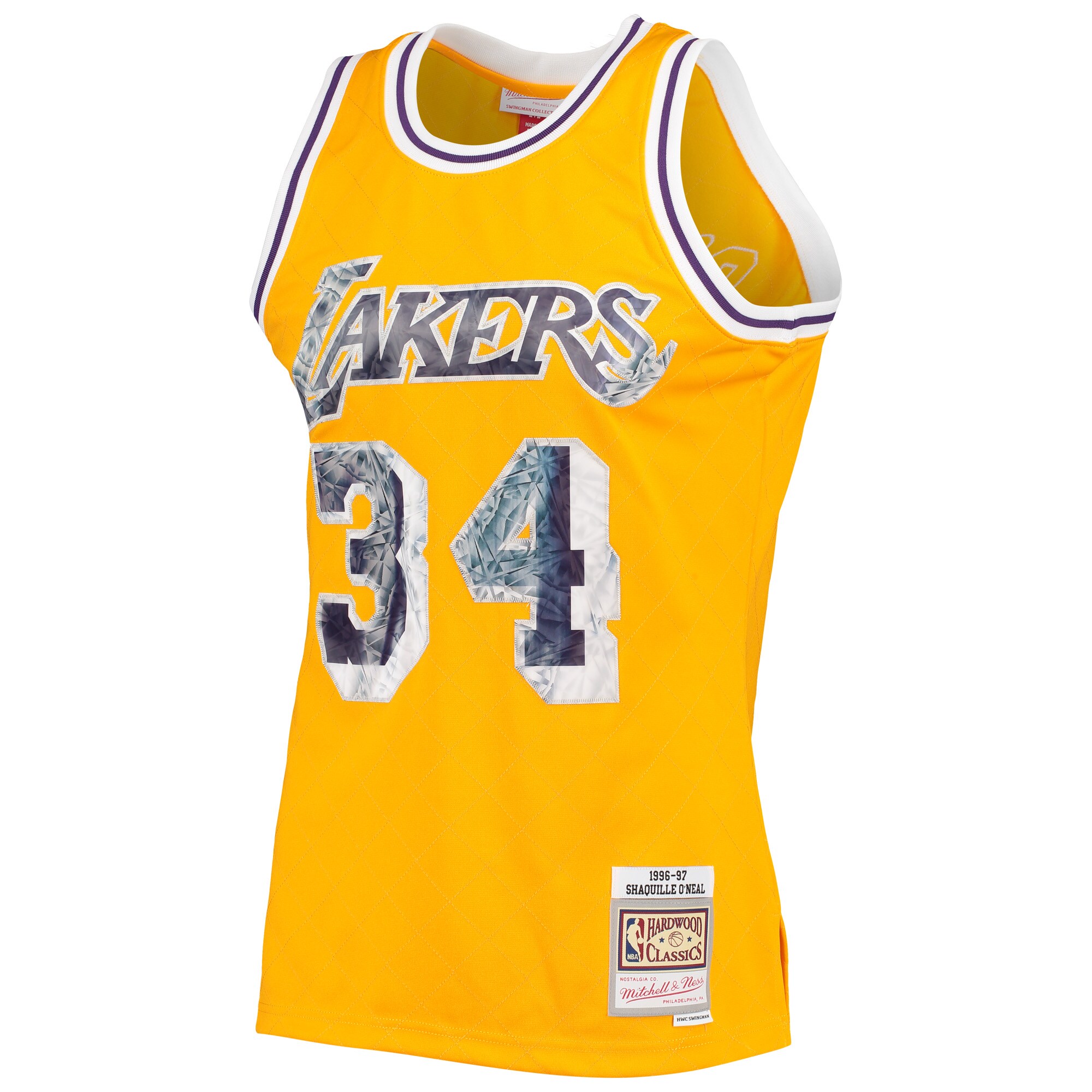Official Los Angeles Lakers mens los angeles lakers shaquille oneal mitchell  ness gold 1996-97 hardwood classics nba 75th anniversary diamond swingman jersey | Lakers Shop