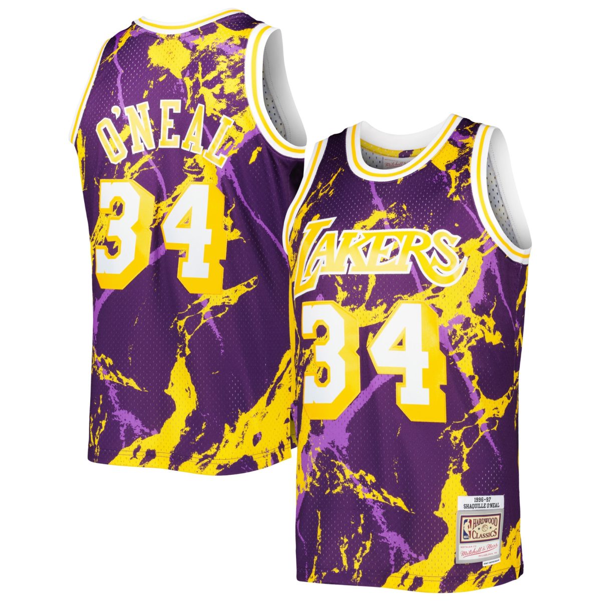 Official Los Angeles Lakers mens los angeles lakers shaquille oneal mitchell  ness purple 199697 hardwood classics marble swingman jersey | Lakers Shop