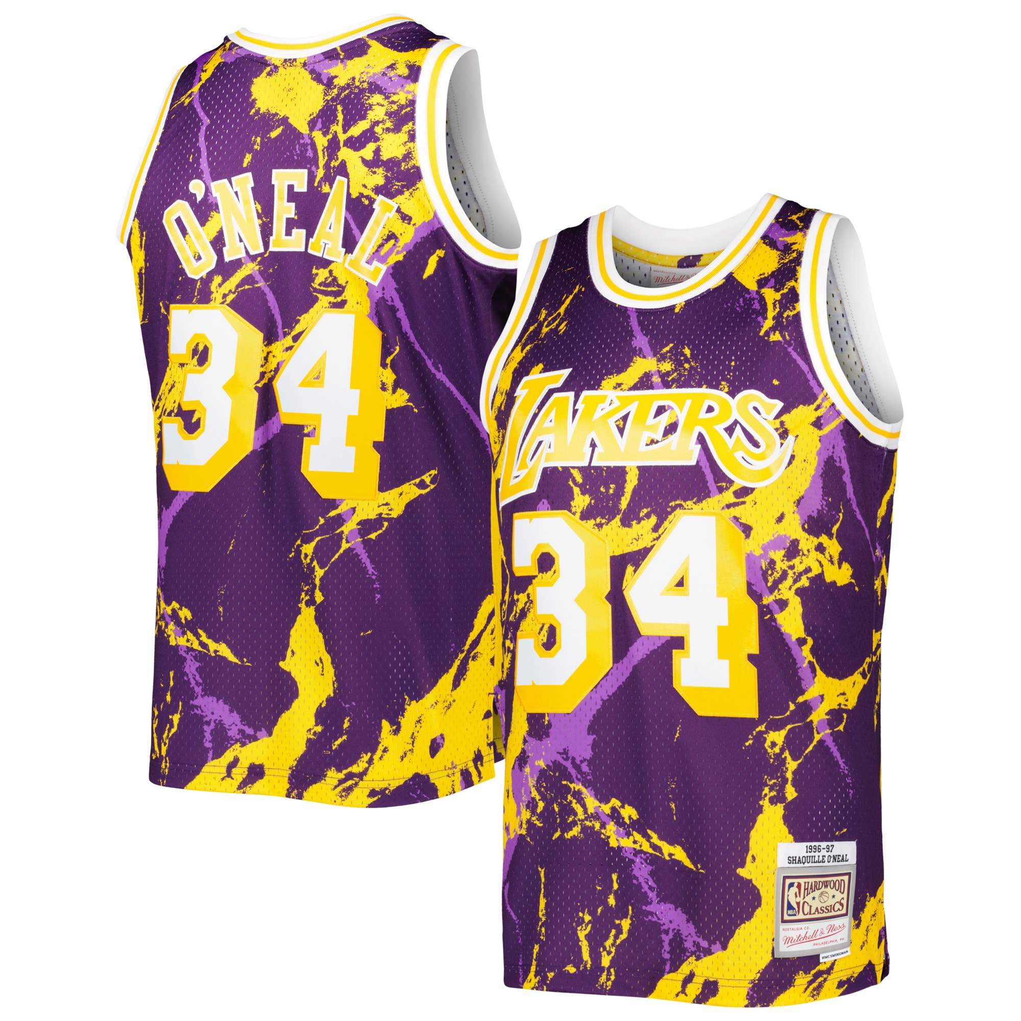 Official Los Angeles Lakers mens los angeles lakers shaquille oneal mitchell  ness purple 199697 hardwood classics marble swingman jersey | Lakers Shop