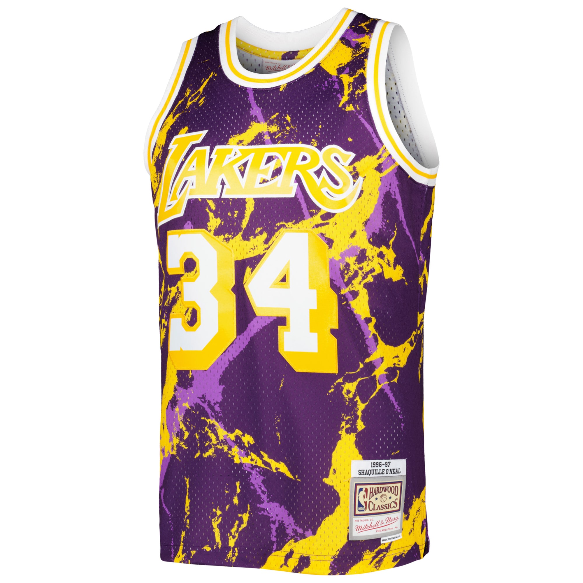 Official Los Angeles Lakers mens los angeles lakers shaquille oneal mitchell  ness purple 199697 hardwood classics marble swingman jersey | Lakers Shop