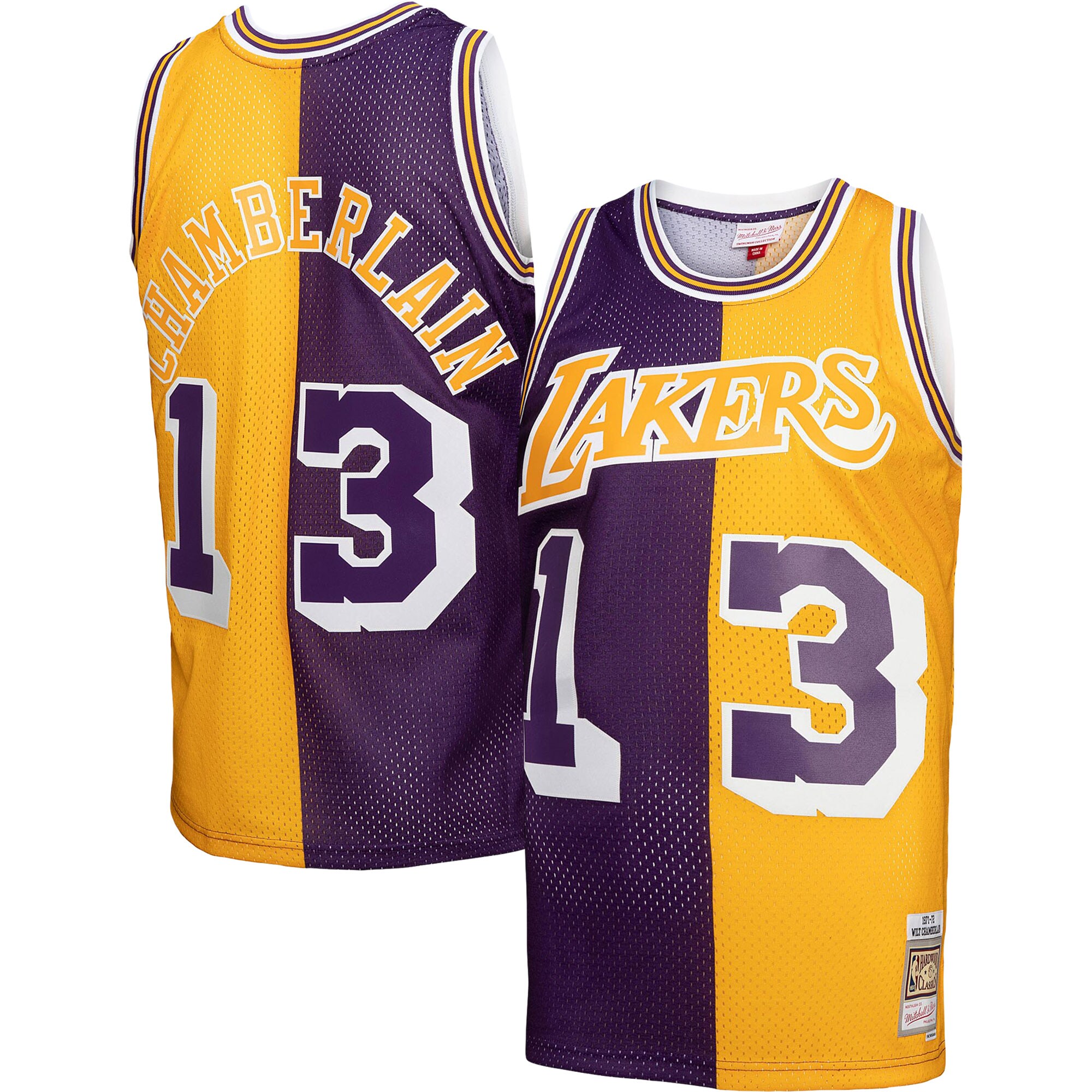 Official Los Angeles Lakers mens los angeles lakers wilt chamberlain mitchell  ness purplegold hardwood classics 197172 split swingman jersey | Lakers Shop