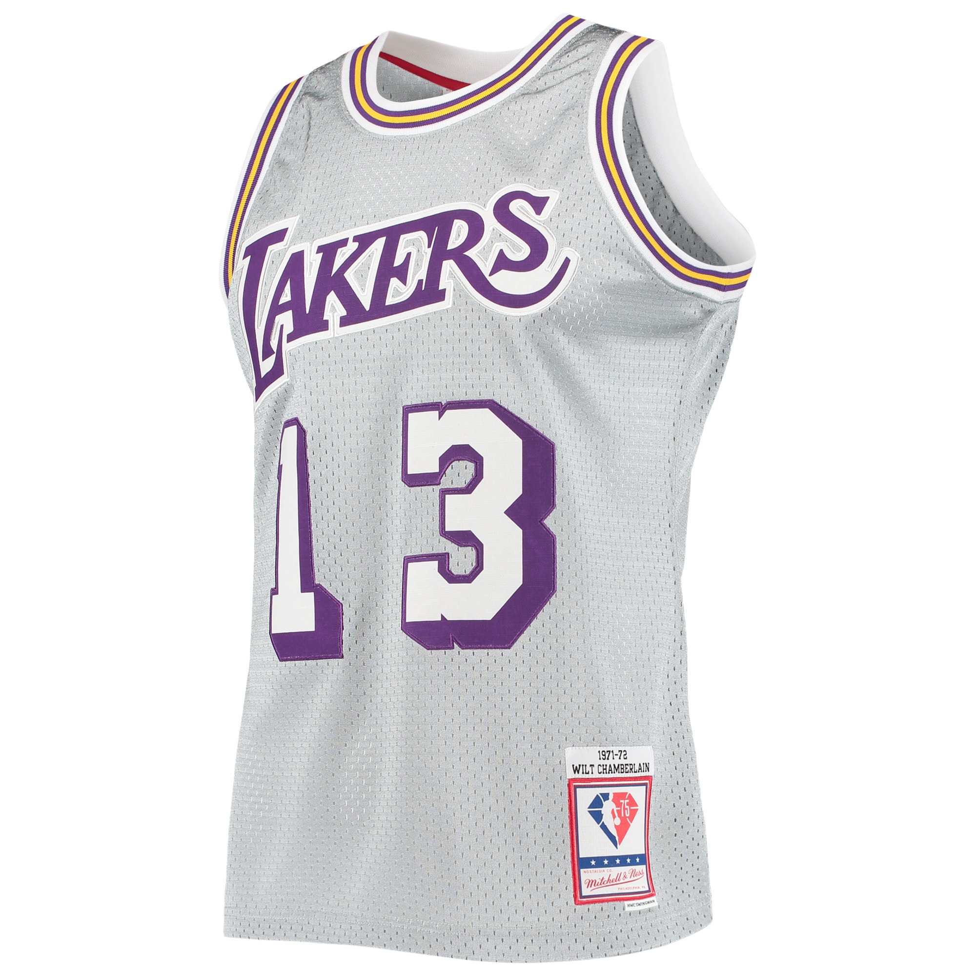 Official Los Angeles Lakers mens los angeles lakers wilt chamberlain silver mitchell  ness 75th anniversary 197172 hardwood classics swingman jersey | Lakers Shop