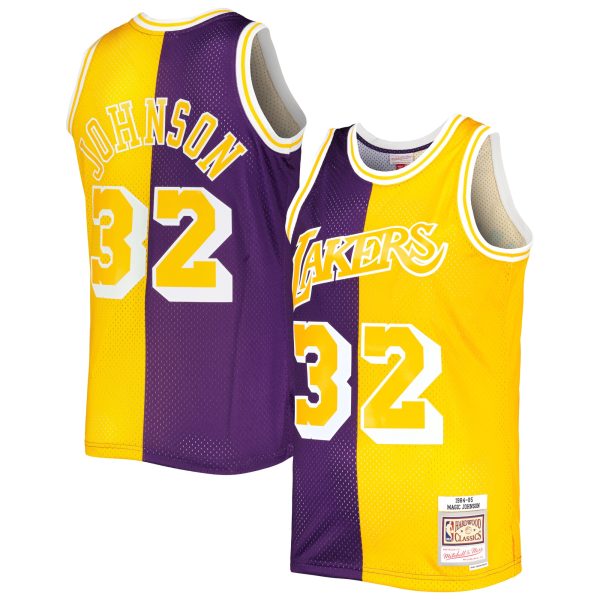 Official Los Angeles Lakers mens magic johnson magic johnson mitchell  ness purplegold hardwood classics 198485 split swingman jersey | Lakers Shop