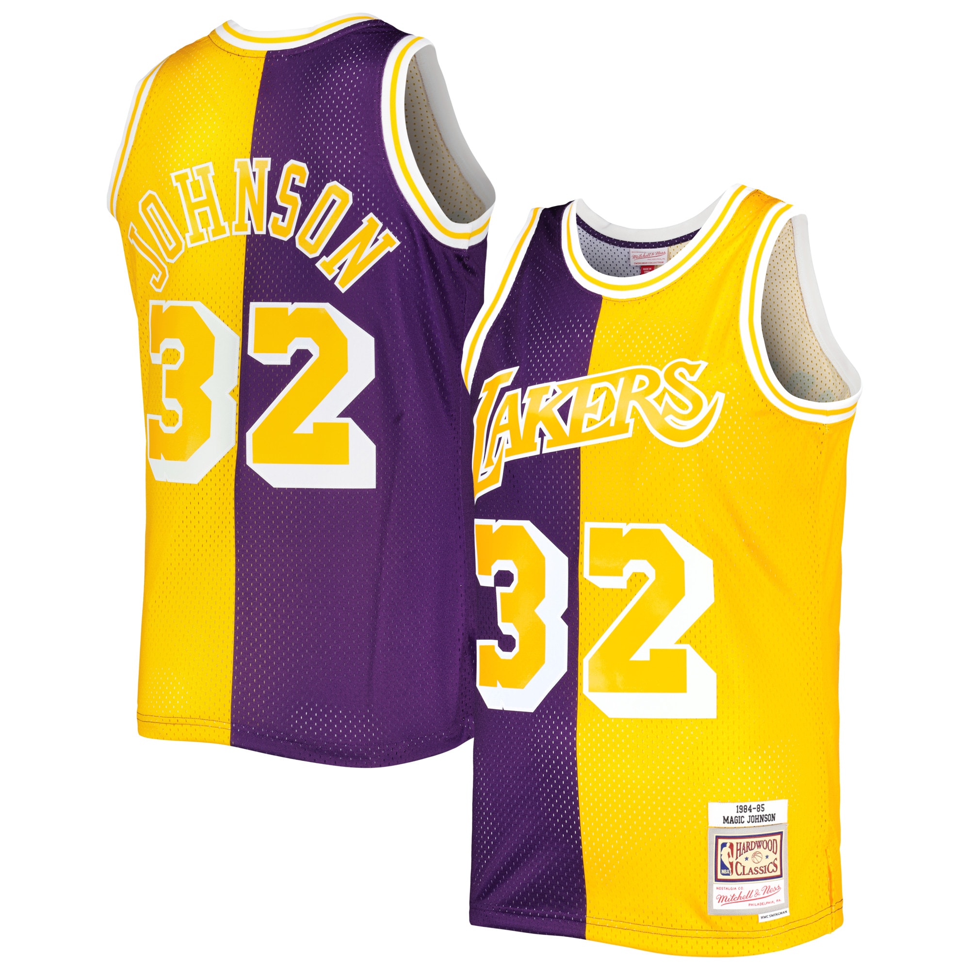 Official Los Angeles Lakers mens magic johnson magic johnson mitchell  ness purplegold hardwood classics 198485 split swingman jersey | Lakers Shop