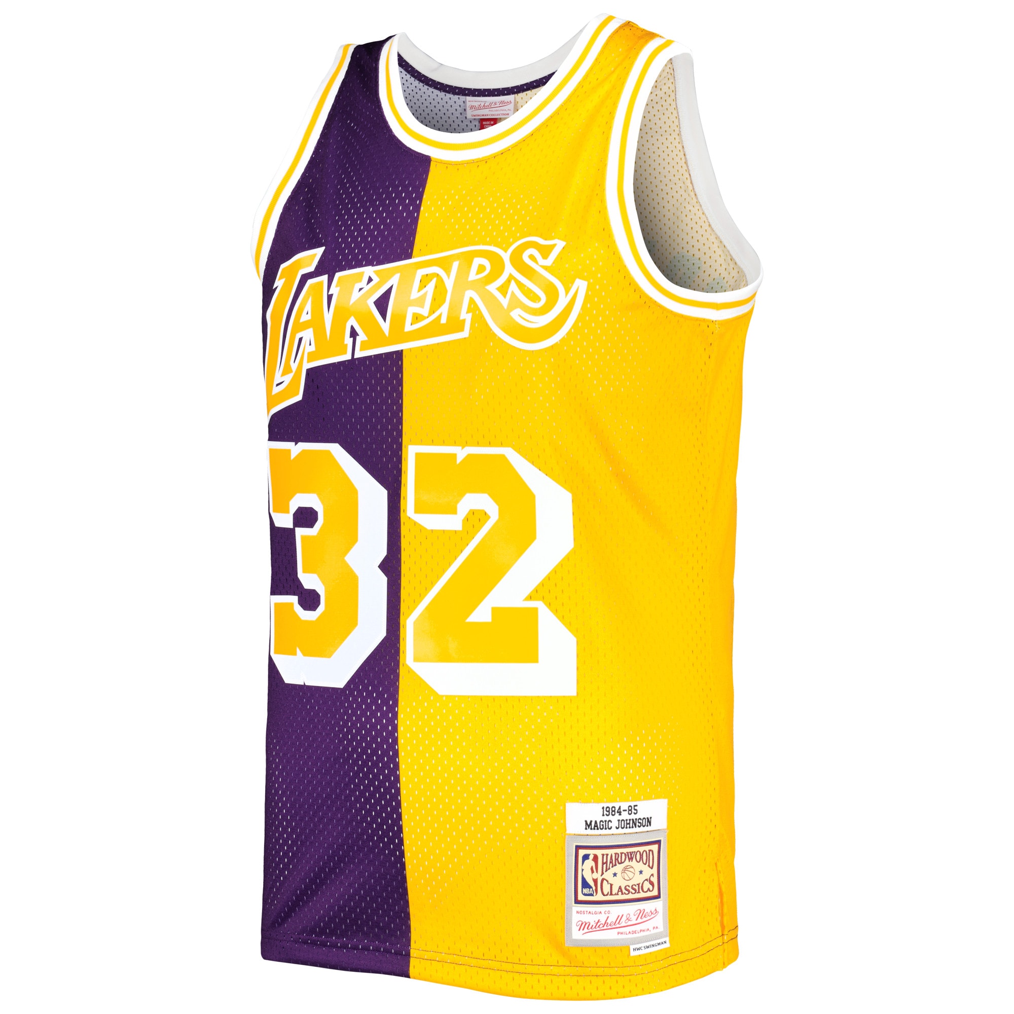 Official Los Angeles Lakers mens magic johnson magic johnson mitchell  ness purplegold hardwood classics 198485 split swingman jersey | Lakers Shop