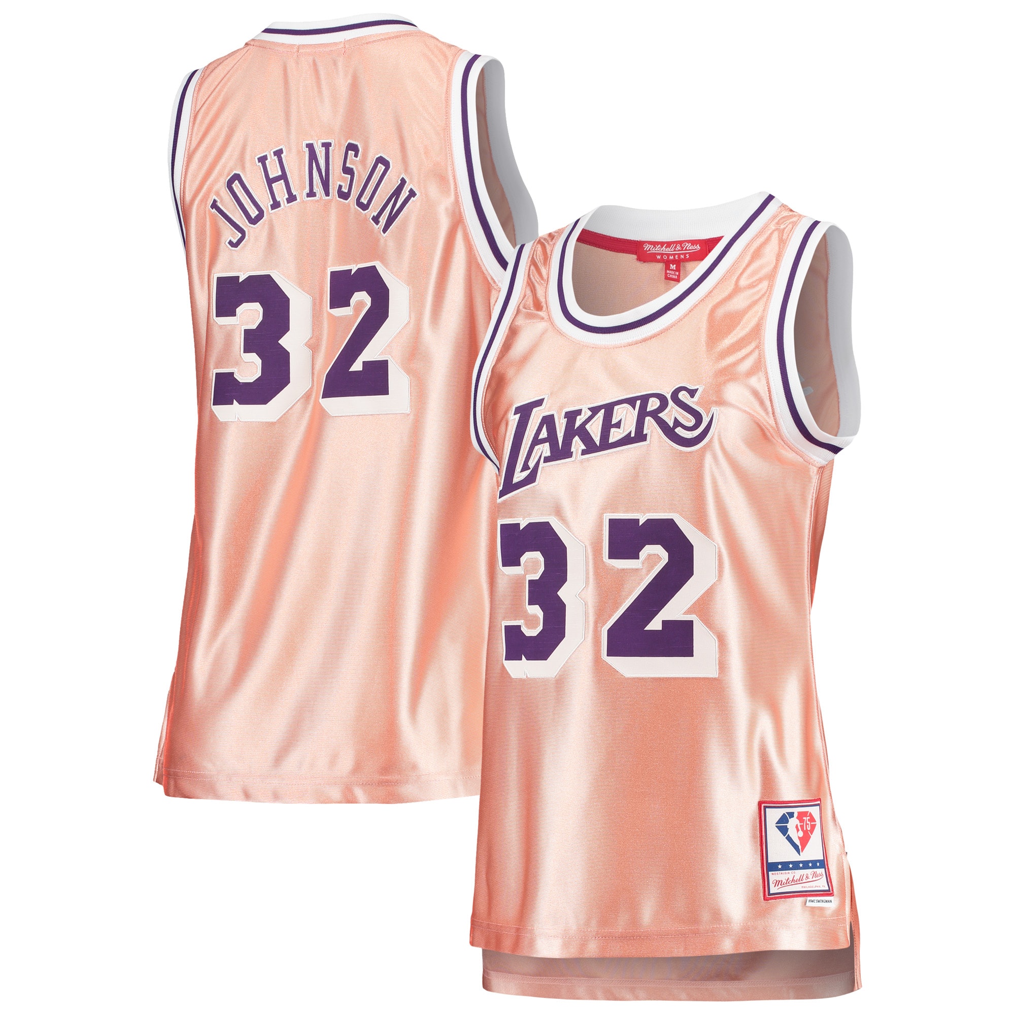 Official Los Angeles Lakers womens los angeles lakers magic johnson mitchell  ness pink 75th anniversary rose gold 1984 swingman jersey | Lakers Shop