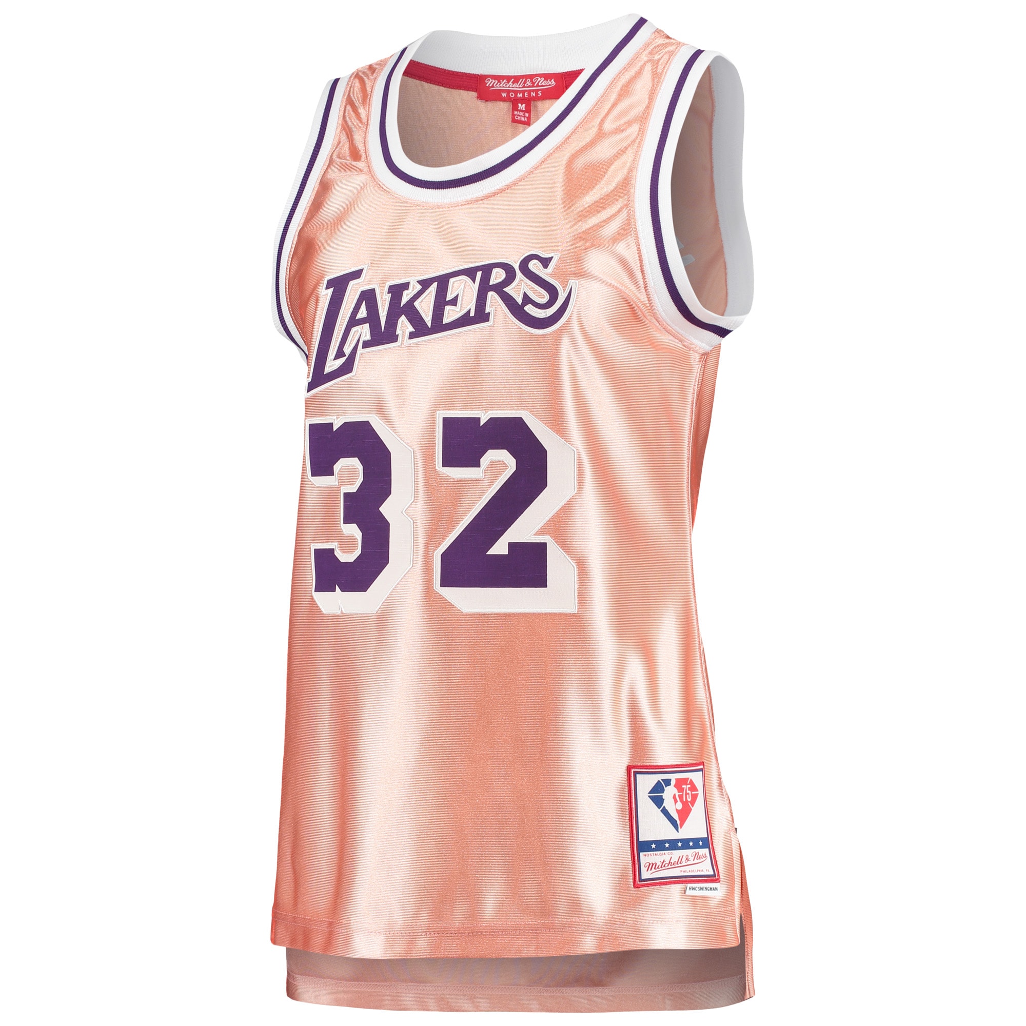 Official Los Angeles Lakers womens los angeles lakers magic johnson mitchell  ness pink 75th anniversary rose gold 1984 swingman jersey | Lakers Shop