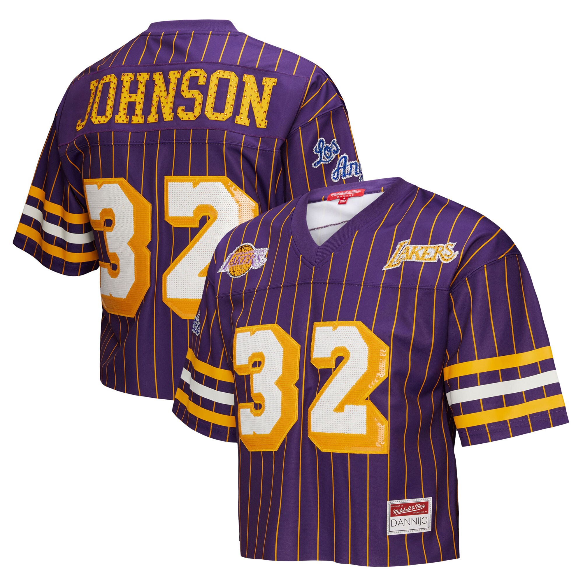 Official Los Angeles Lakers womens los angeles lakers magic johnson mitchell  ness x dannijo purple cropped football fashion jersey 202757162 | Lakers Shop