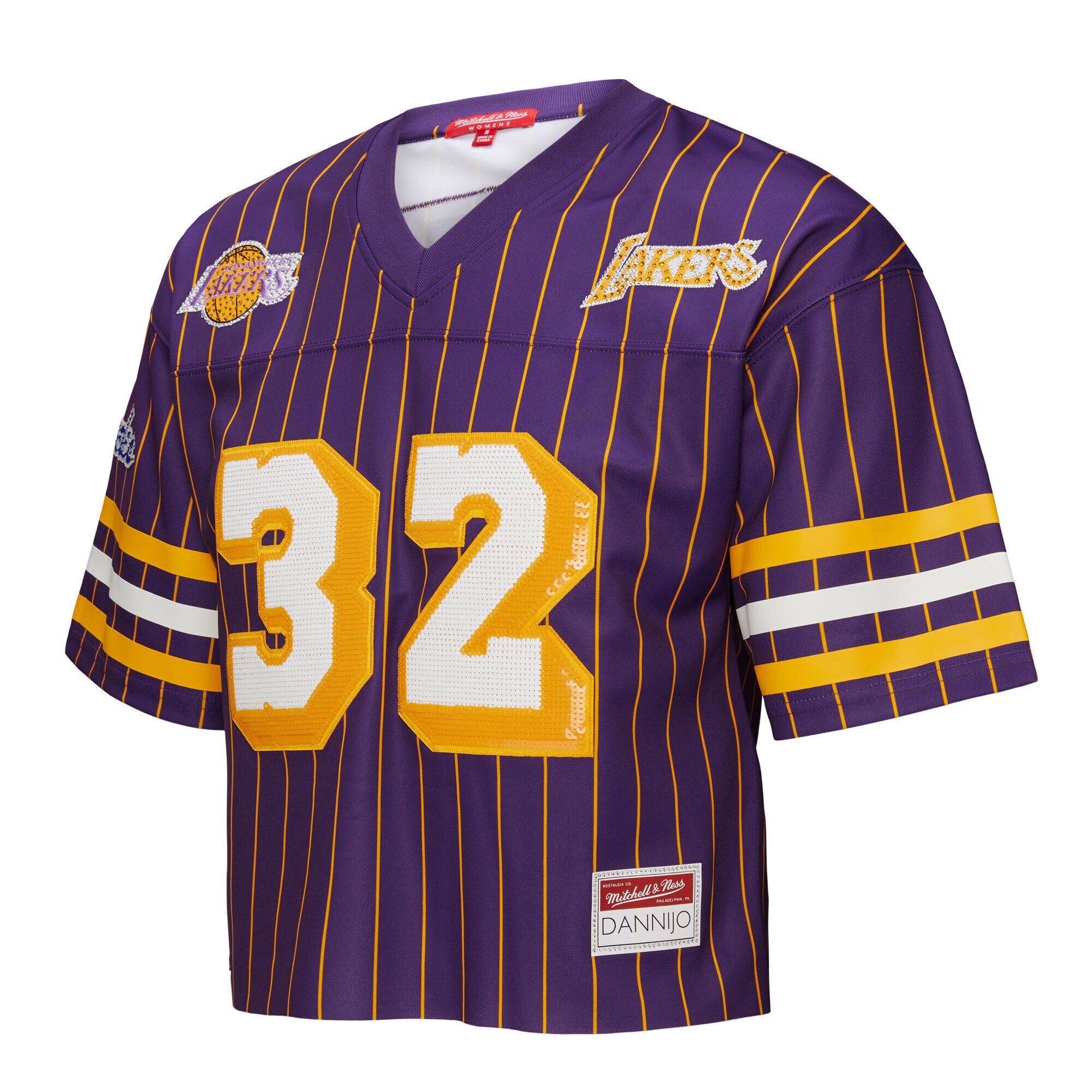 Official Los Angeles Lakers womens los angeles lakers magic johnson mitchell  ness x dannijo purple cropped football fashion jersey 202757162 | Lakers Shop