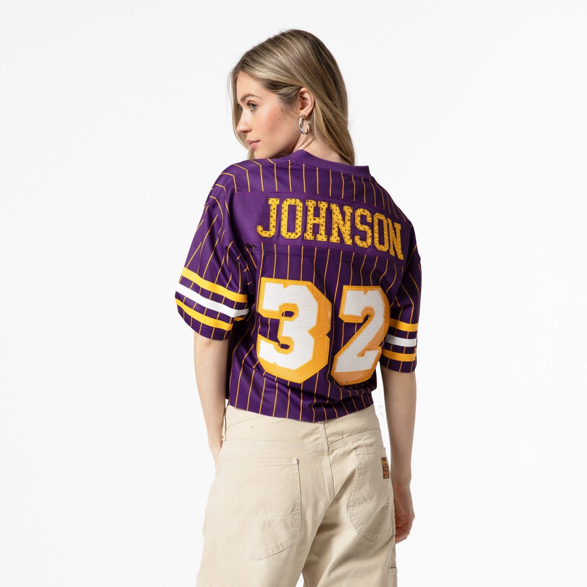 Official Los Angeles Lakers womens los angeles lakers magic johnson mitchell  ness x dannijo purple cropped football fashion jersey 202757162 | Lakers Shop