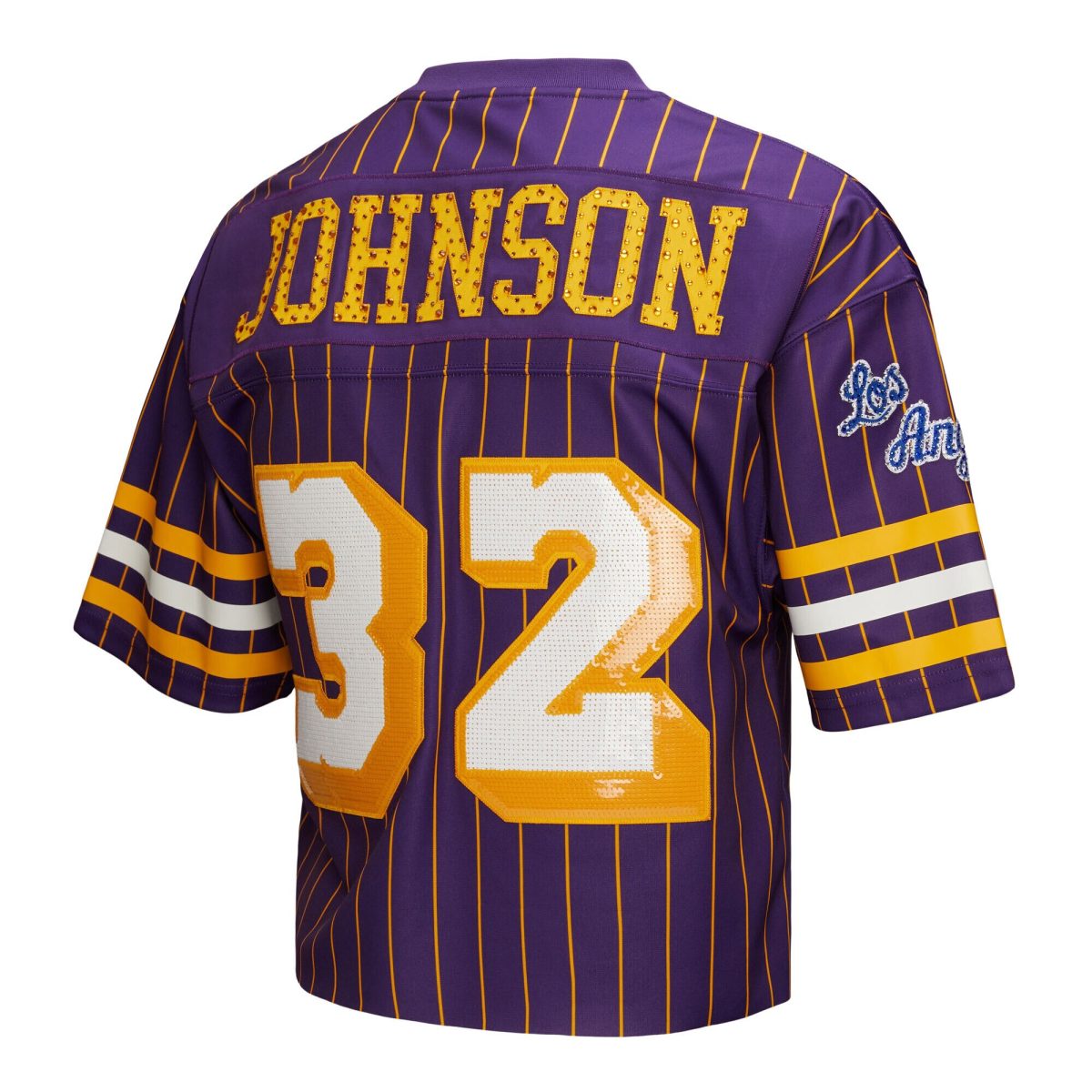 Official Los Angeles Lakers womens los angeles lakers magic johnson mitchell  ness x dannijo purple cropped football fashion jersey 202757162 | Lakers Shop