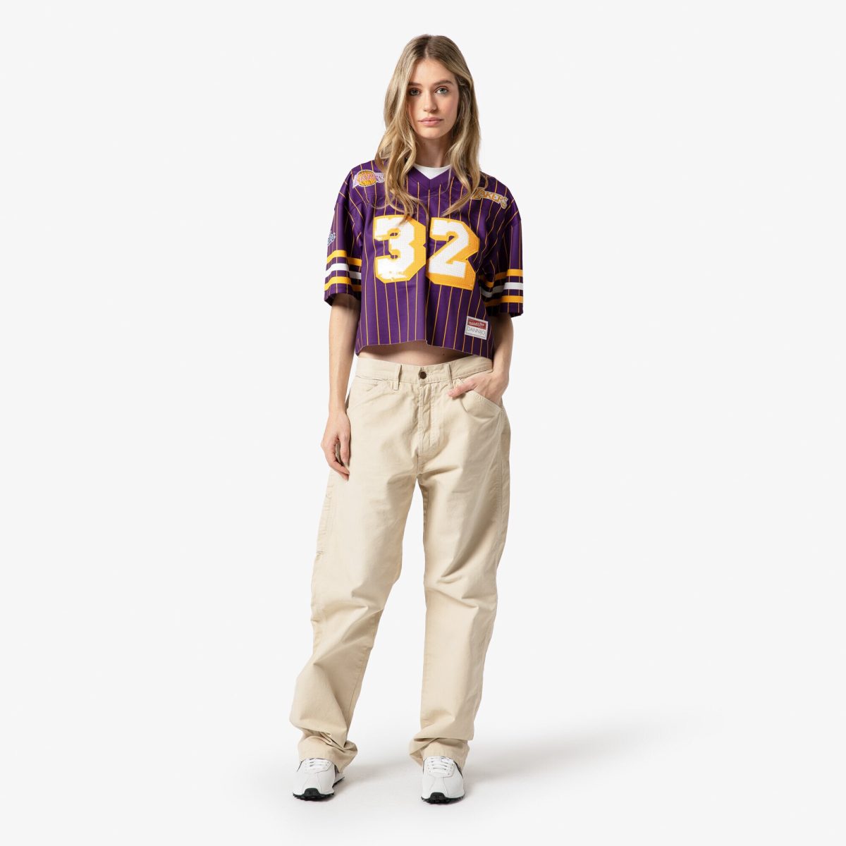 Official Los Angeles Lakers womens los angeles lakers magic johnson mitchell  ness x dannijo purple cropped football fashion jersey 202757162 | Lakers Shop